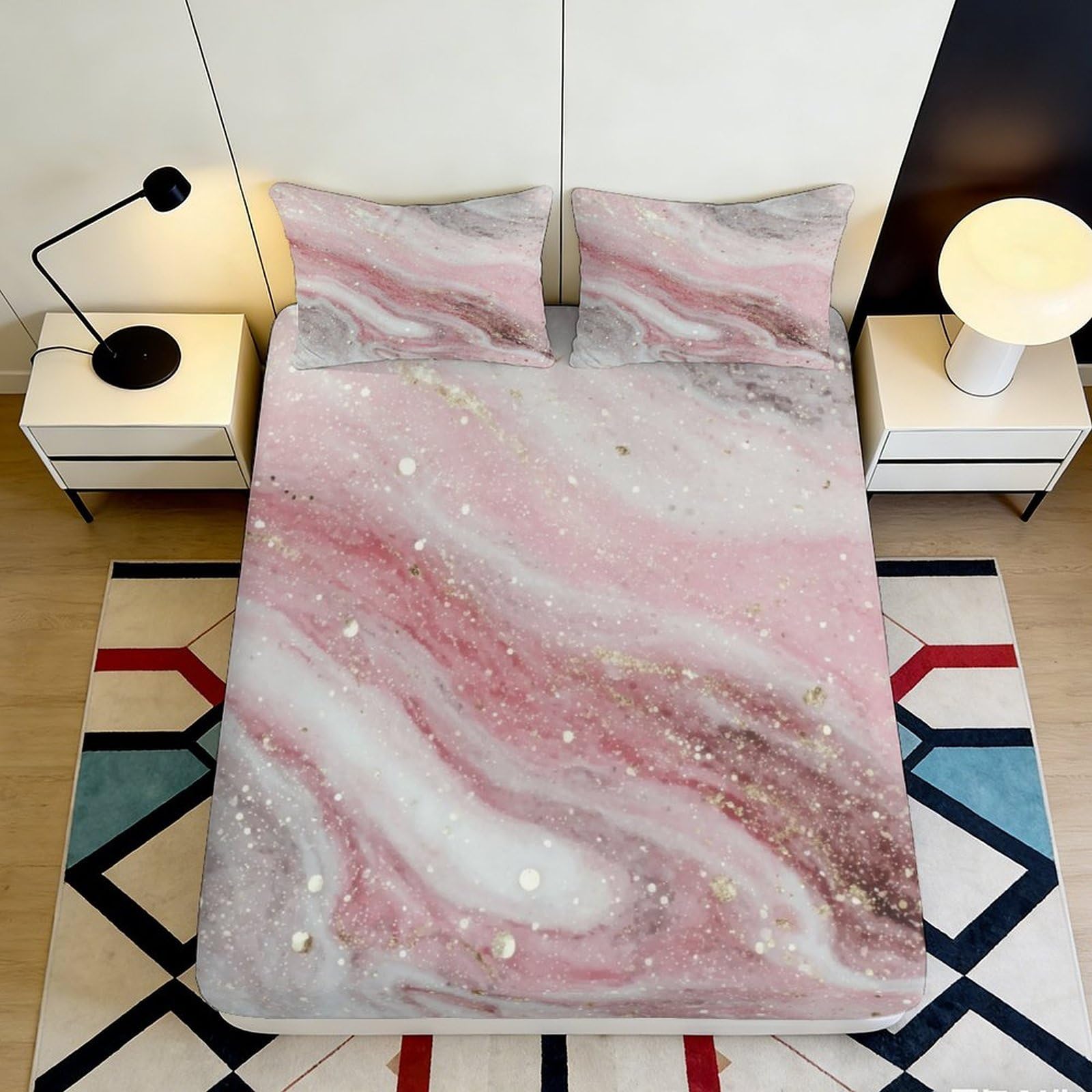 3D Printed pink marble Fitted Sheet, Microfiber soft touch, wrinkle resistant, guest room bedding, non-slip, machine washable, home decor bed cover, stylish accent, dustproof 90x200x25cm