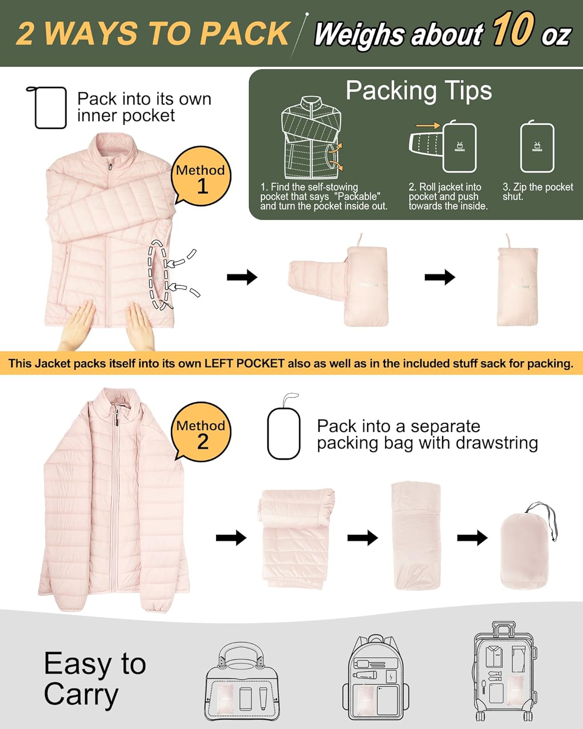 Outdoor Ventures Women's Packable Full-Zip Short Puffer Jacket Insulated Quilted Warm Lightweight Winter Coat - Image 2