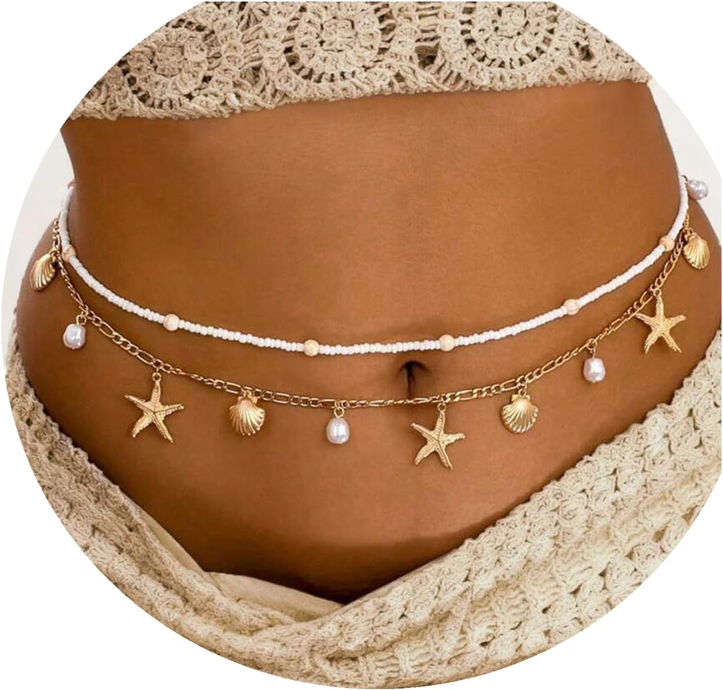 TEBIEKOY Waist Chains for Women, 2 pcs Gold Starfish & Pearl Belly Chain Body Jewelry with Dangle Charms for Beach, Bikini & Summer