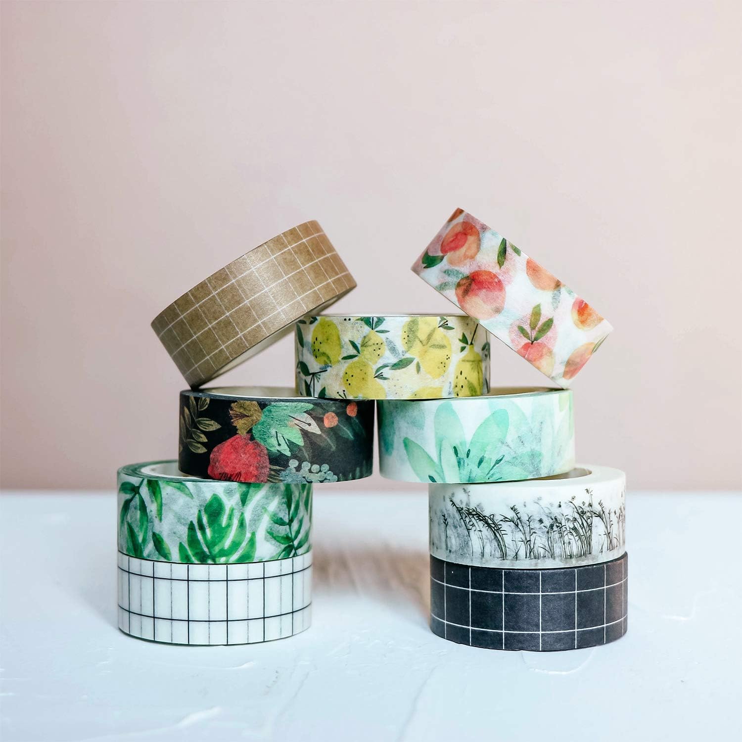 Knaid Washi Tape Set, Assorted 14 Rolls of 15 mm Wide Decorative Grid Tapes for Scrapbooking, DIY Arts and Crafts, Bullet Journal, Planner, Junk Journal, Gift Wrapping