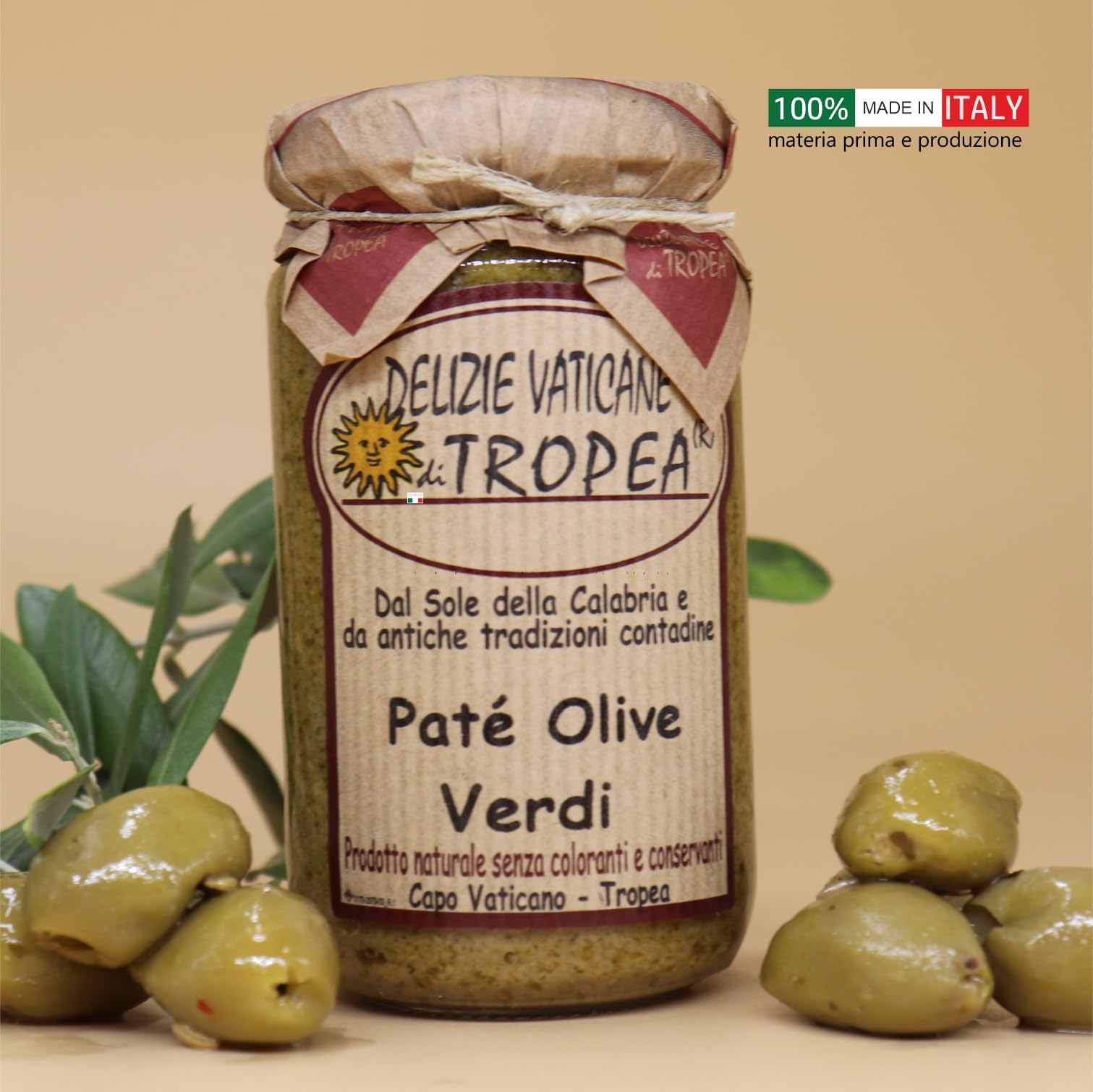 Paté de Aceitunas Verdes 180g | Delicia Calabresa – Perfecto para Bruschetta, Pasta y Queso | Auténtica Salsa Gourmet Italiana por Delizie Vaticane di Tropea