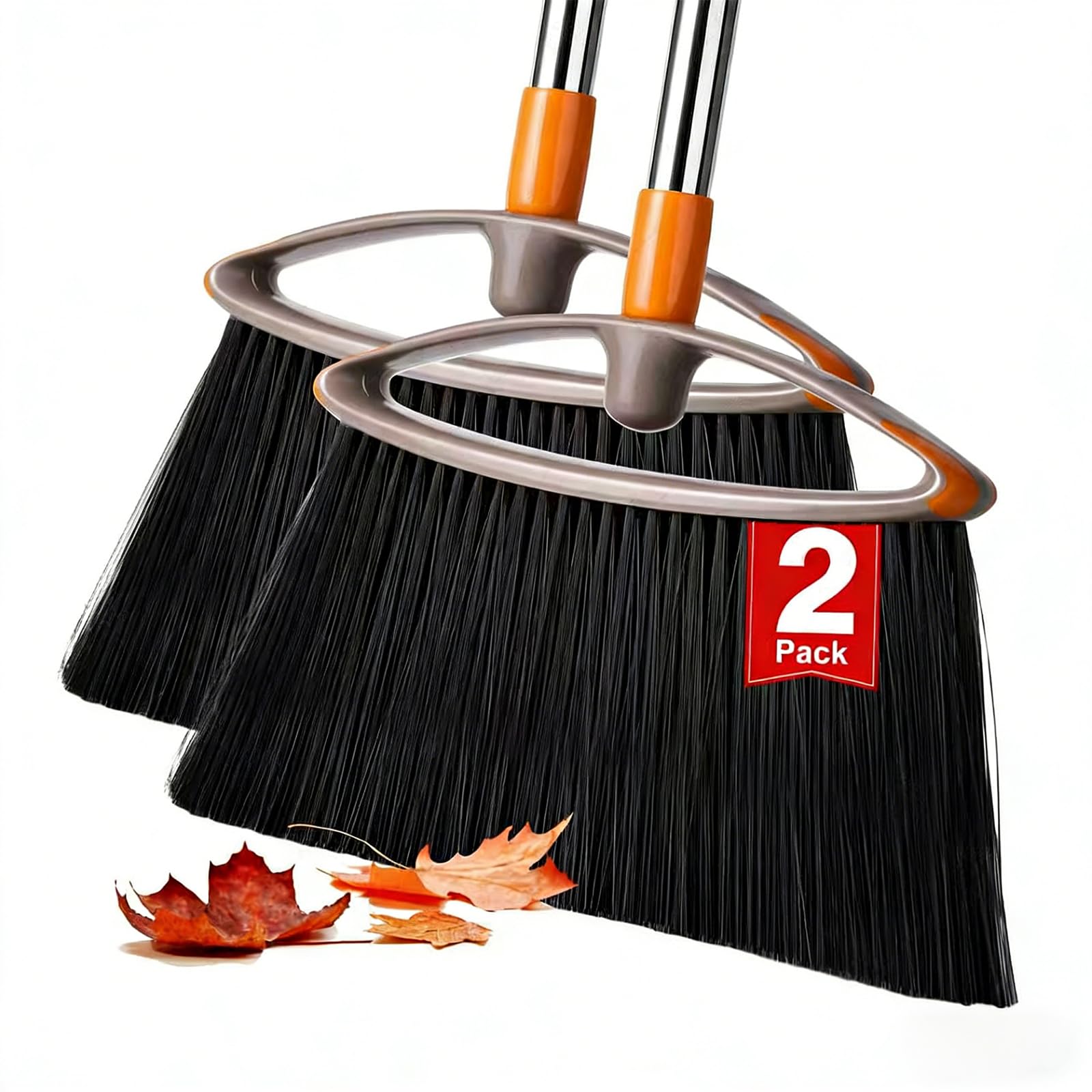 Napalona 2 Pack Stiff Bristle Broom for Sweeping Indoor, Heavy Duty Broom with Collapsible Handle, Ideal for Indoor Outdoor Hardwood Floors Kitchen Salon Camping Cat Pets Hair Home Room Office, Gray
