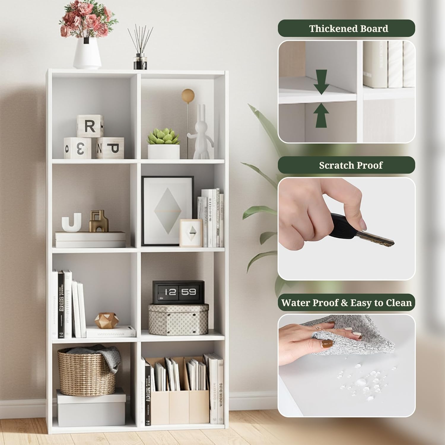 8-Cube Storage Organizer, White Bookshelf with Open Compartments for Home Office, Modern Bookcase Display Shelf for Living Room, Bedroom & Entryway