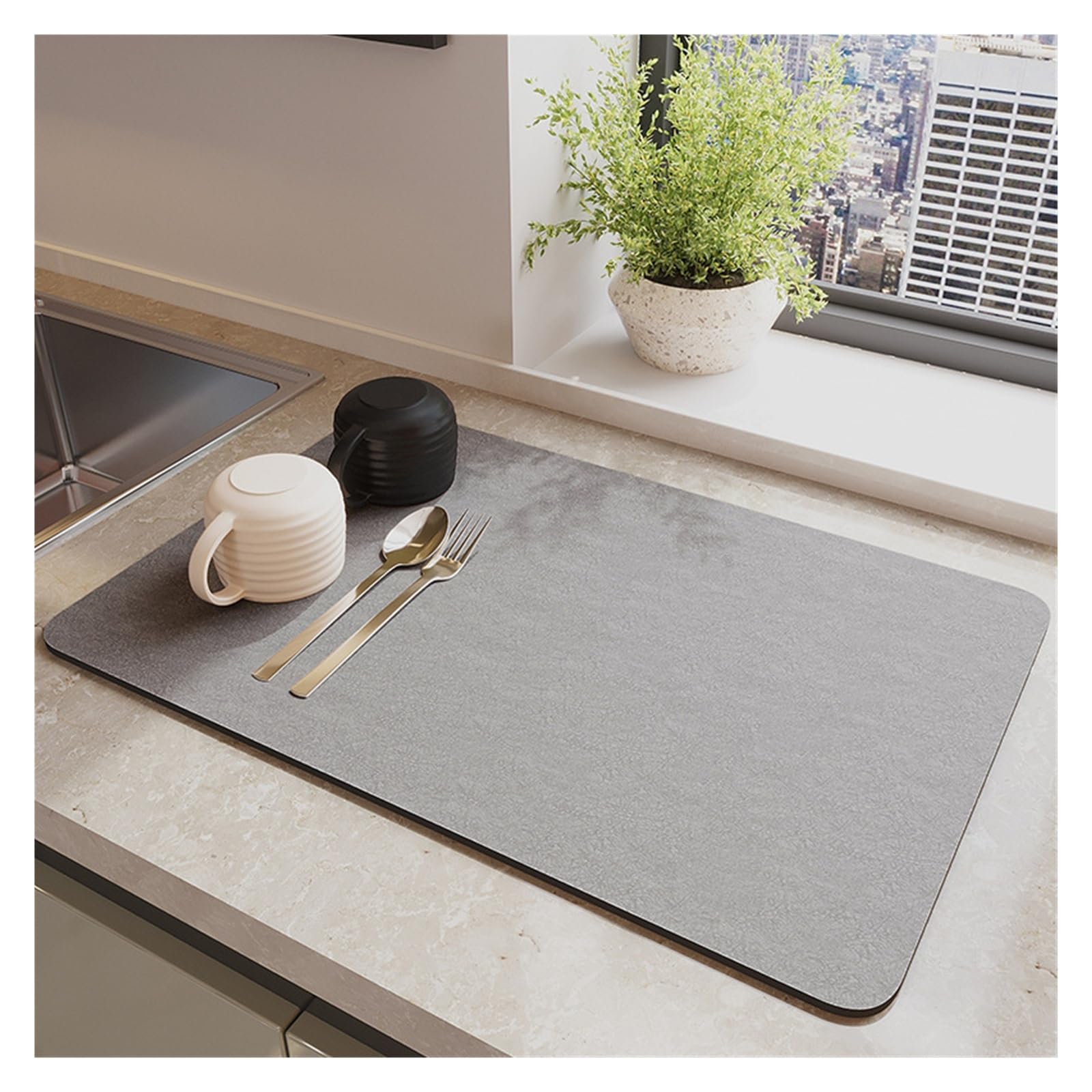 Tapis de séchage à vaisselle résistant à la chaleur, super absorbant avec dos en caoutchouc antidérapant, doublure anti-taches pour côté évier, gris (gris, 50 x 60 cm)
