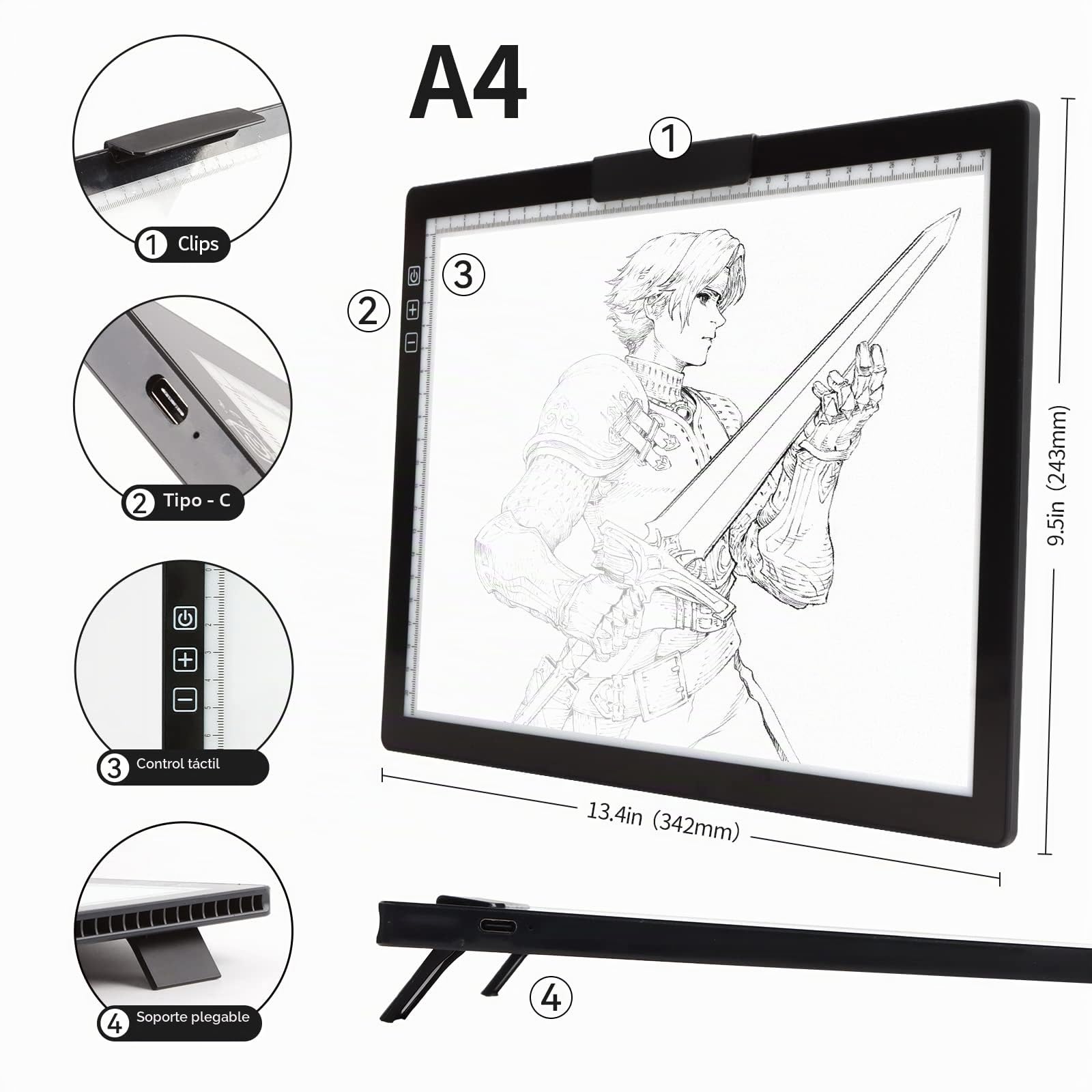 Placa LED inalámbrica A4 con soporte innovador y clip, caja de luz recargable con batería, regulable continuamente, 6 niveles de brillo, panel luminoso inalámbrico para trazar, deshierbar, vinilo