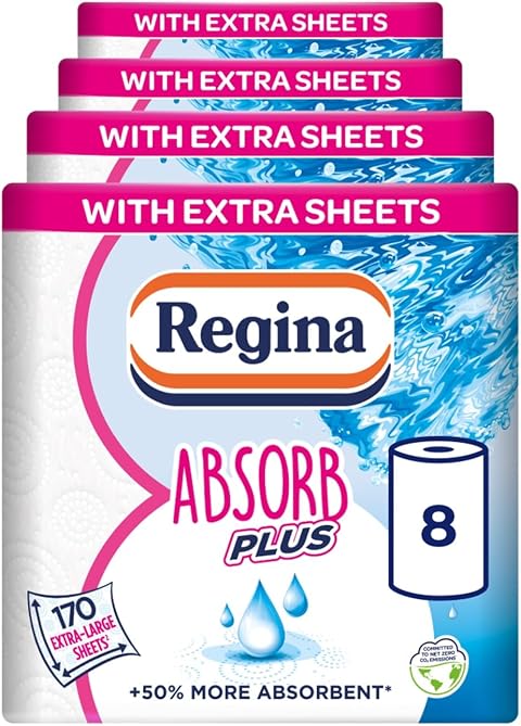 Regina Absorb Plus, 8 Rolls of Kitchen Towel, 2-Ply | 85 Sheets Per Roll, Extra-Large Sheets, 50% More Absorbent Than Previous XXL Products, Easy Open Pack