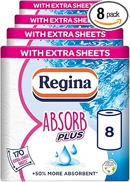 Regina Absorb Plus, 8 Rolls of Kitchen Towel, 2-Ply | 85 Sheets Per Roll, Extra-Large Sheets, 50% More Absorbent Than Previous XXL Products, Easy Open Pack