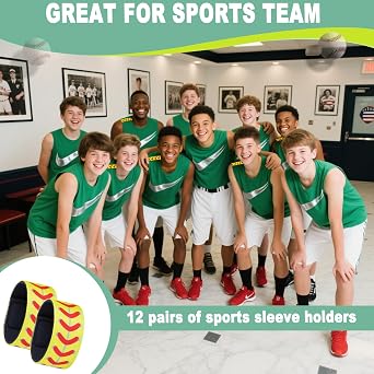 24 Pcs Softball Sleeve Holders-7.48 Inch Shirt Sleeve Straps, Yellow with Red Stitching Fastpitch Sports Accessories for Women Men Teens, Suitable Clips for Baseball Basketball Volleyball