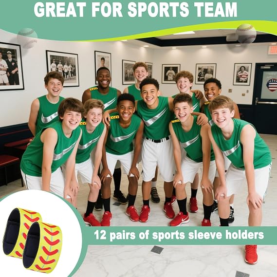 24 Pcs Softball Sleeve Holders-7.48 Inch Shirt Sleeve Straps, Yellow with Red Stitching Fastpitch Sports Accessories for Women Men Teens, Suitable Clips for Baseball Basketball Volleyball