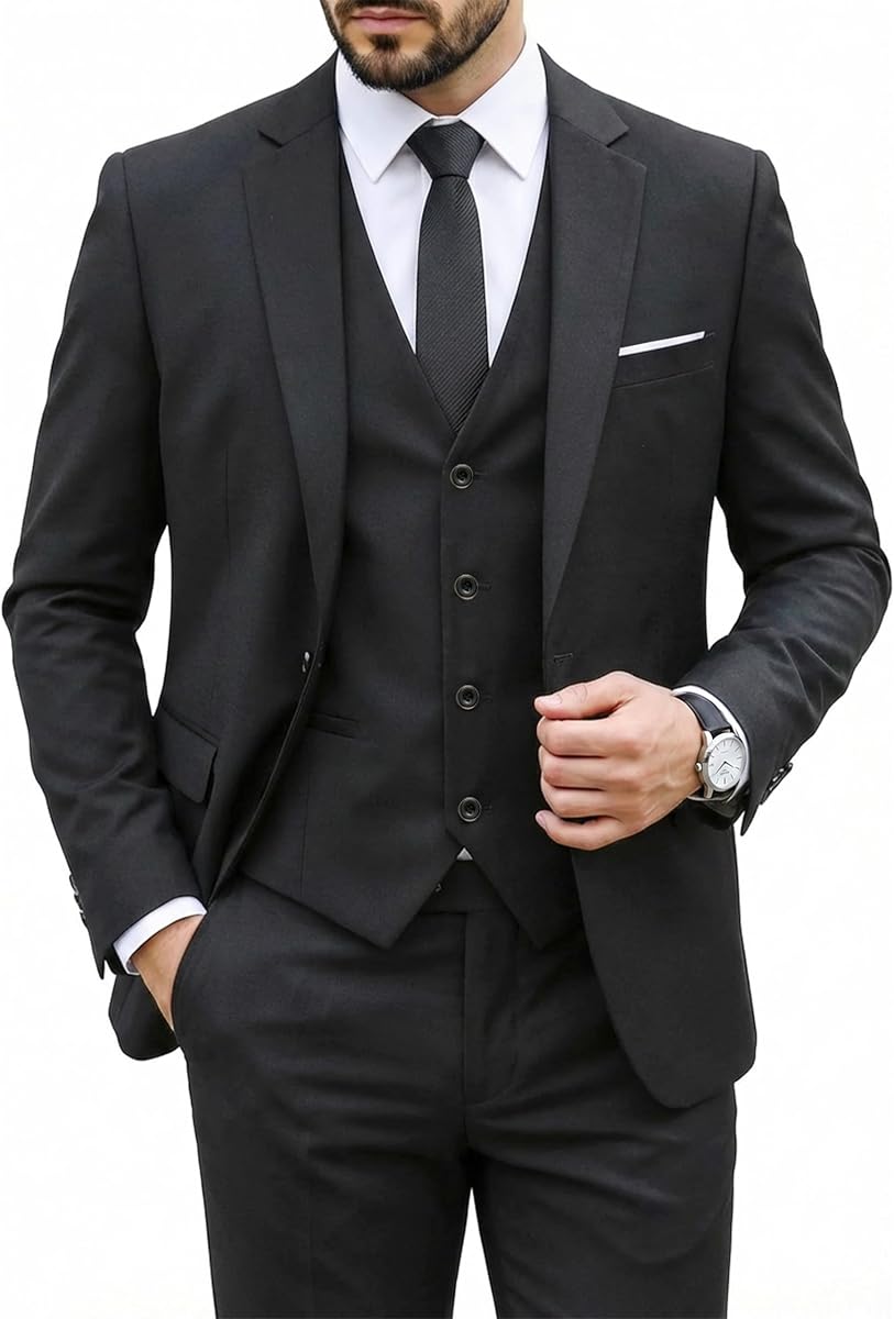 Conjunto de traje de 3 piezas Hihawk para hombre con corbata, chaqueta ajustada lisa con un botón, chaleco y pantalones, trajes para bodas de negocios para hombre