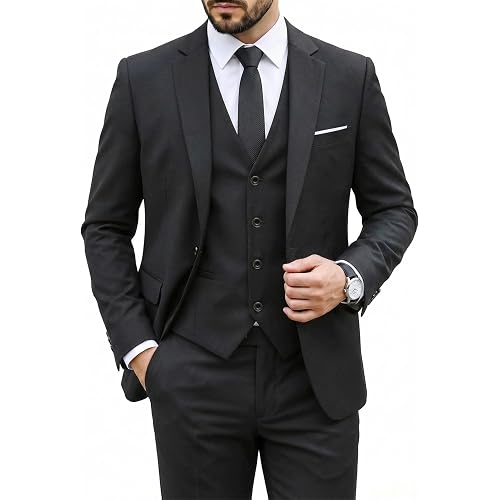 Hihawk Men's 3 Piece Suit Set with Tie, One Button Solid Slim Fit Jacket Vest & Pants, Suits for Mens Wedding Party Business