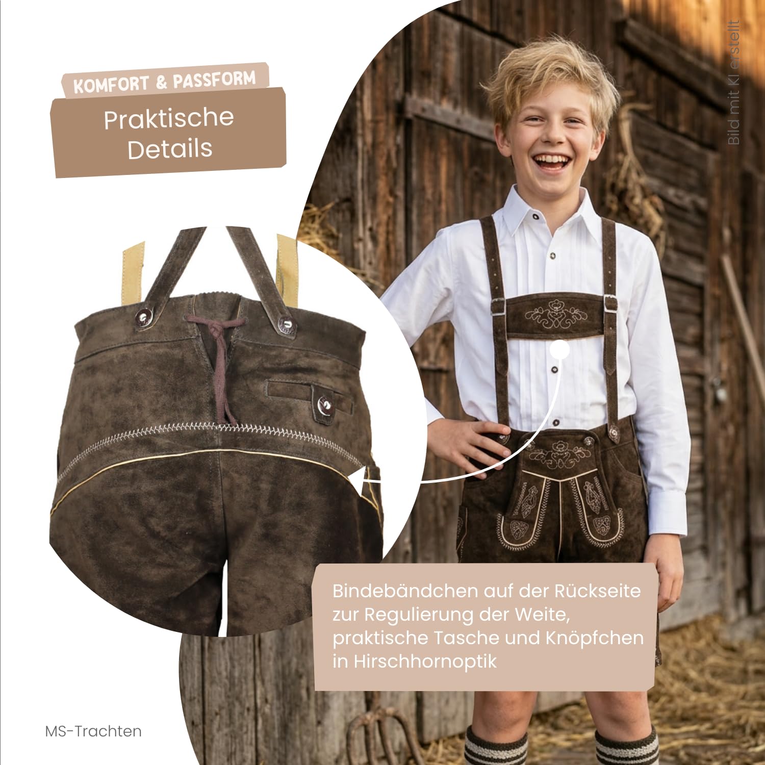 Trachtenset Kinder Lederhose Leo braun Trachtenhose mit Hemd weiß
