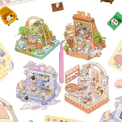 4 Sets DIY 3D Stickers Scene,DIY 3D House Sticker,Make Your Own Mini House,Cute Cartoon Isometric Scene Stickers for Kids Adult Relief Stress Pass The Time