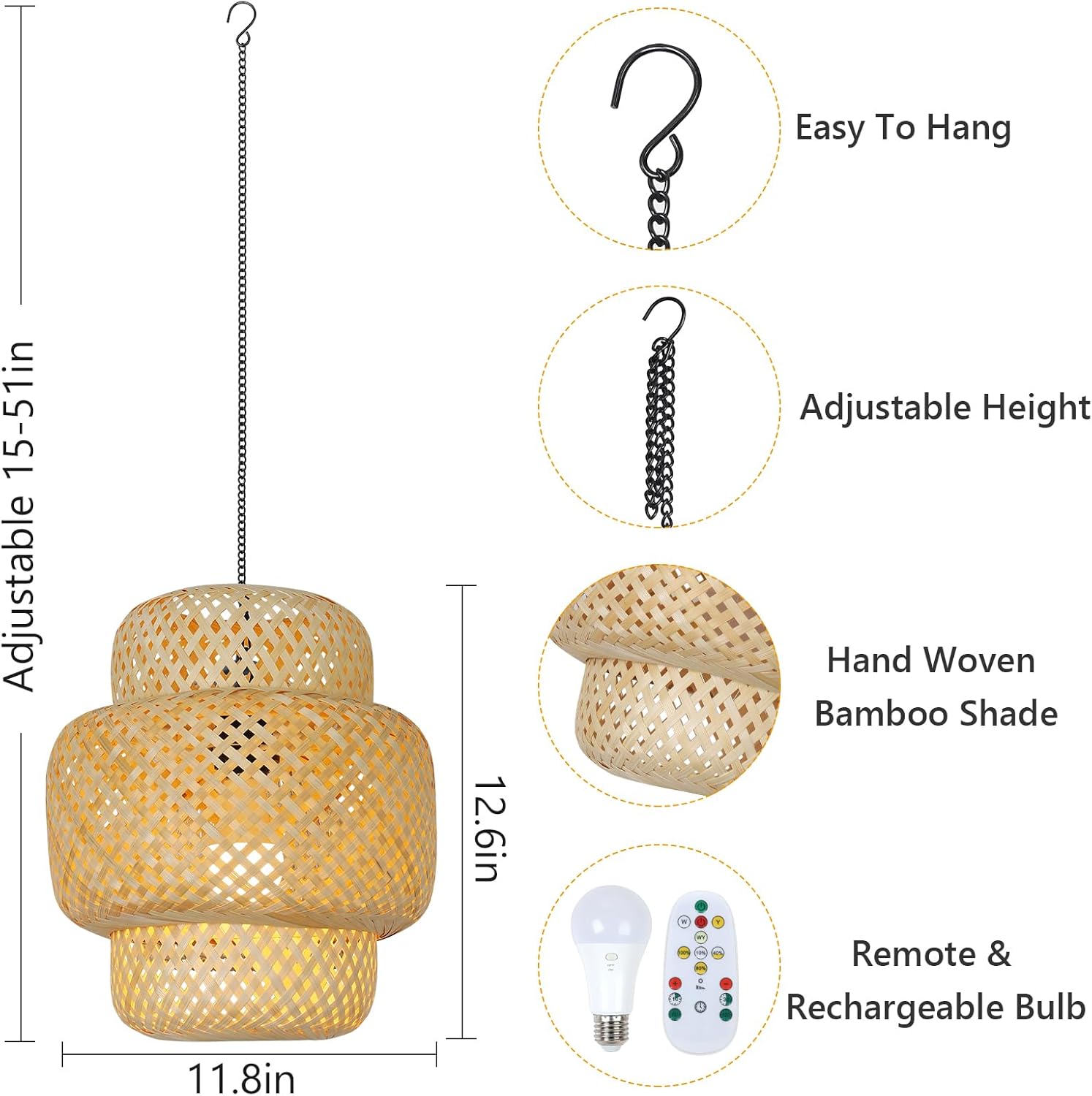 HMVPL Battery Operated Chandelier with Hook, Bamboo Outdoor Battery Operated Light with Remote, Boho Outdoor Chandelier for Porch, Wireless Dimmable Gazebo Light, Hanging Lamp for Patio Pergola