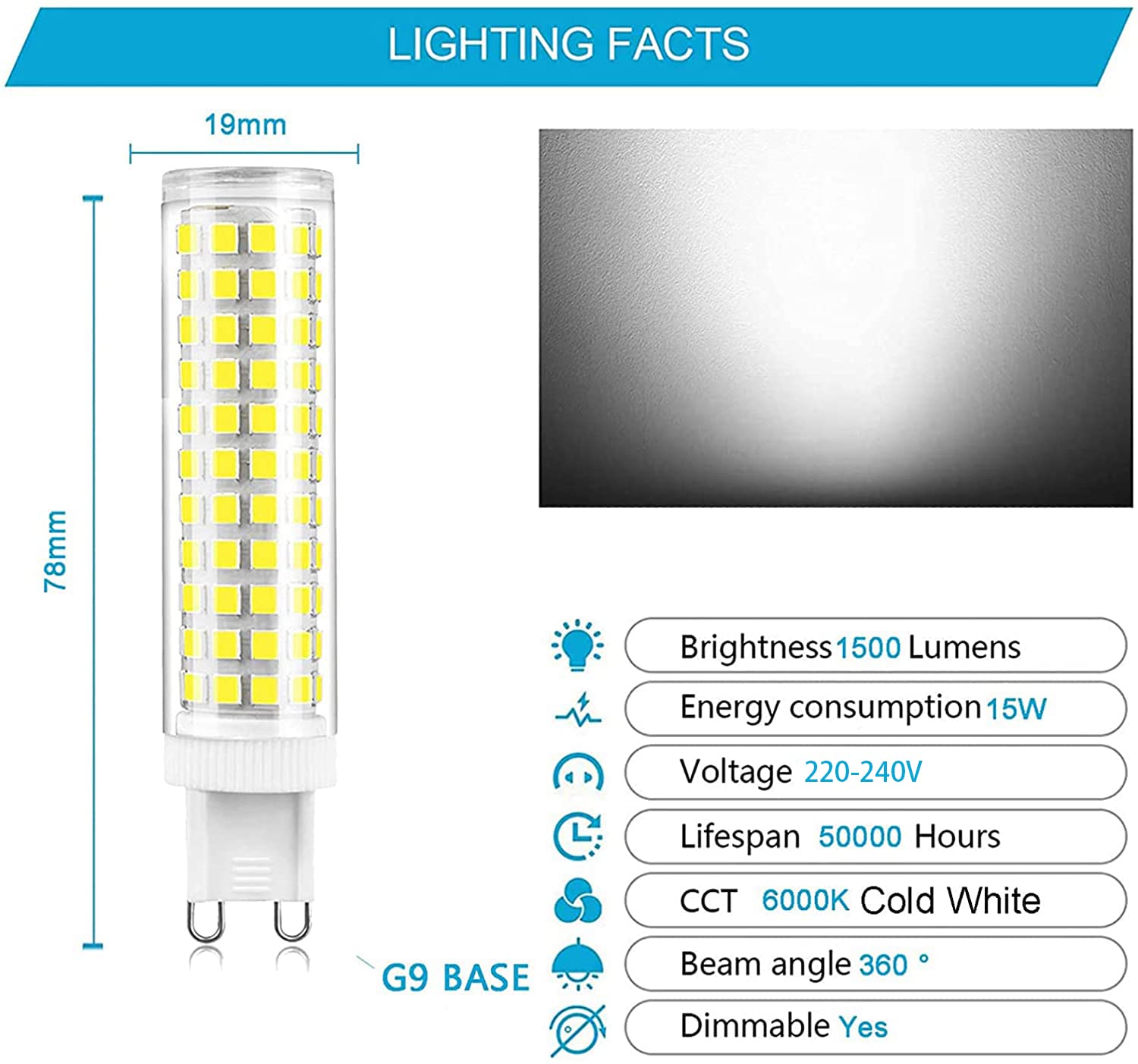 G9 Bombillas LED, Regulable 15W 136LED Beads 1500LM 2835SMD LED Bi-pin Luces Led Bombilla de maíz AC 220V para candelabro Iluminación del hogar, Haz de 360 ​​grados,Cold white,6 Pack