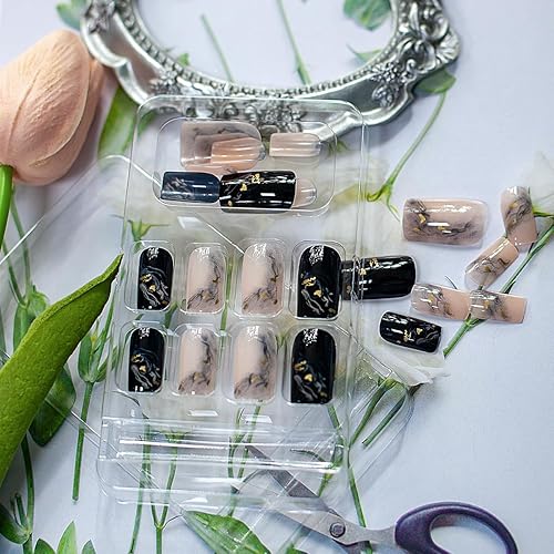 Miniatura 6 de Uñas postizas a presión, medianas, cortas, negras, puntas francesas, diseños de mármol dorado, uñas con pegamento nude, uñas acrílicas, regalo de