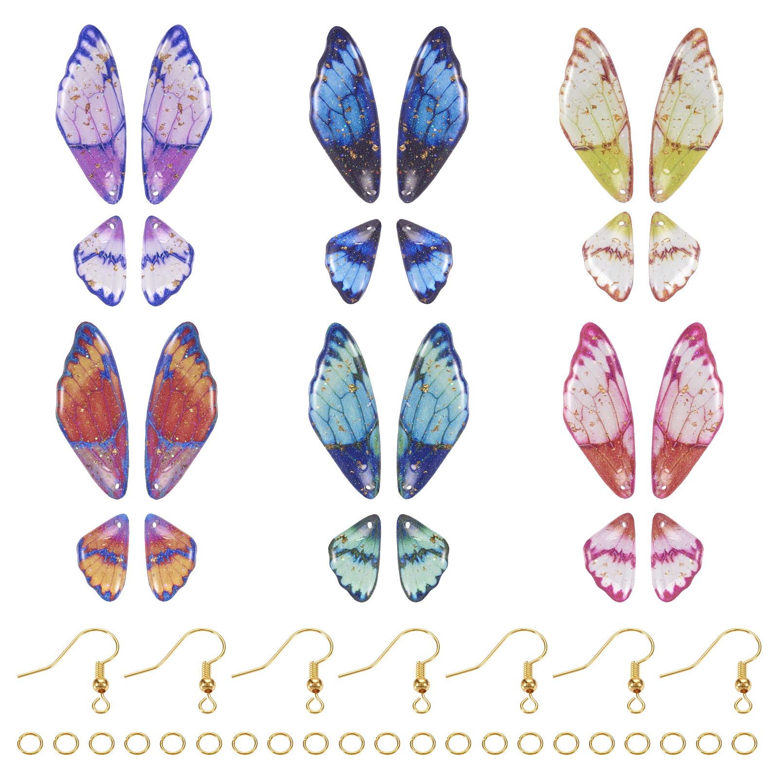 PandaHall 6 Sets Resin Butterfly Wings Pendants, Drop Earring Charms with Jump Rings & Earring Hooks for DIY Jewellery Making