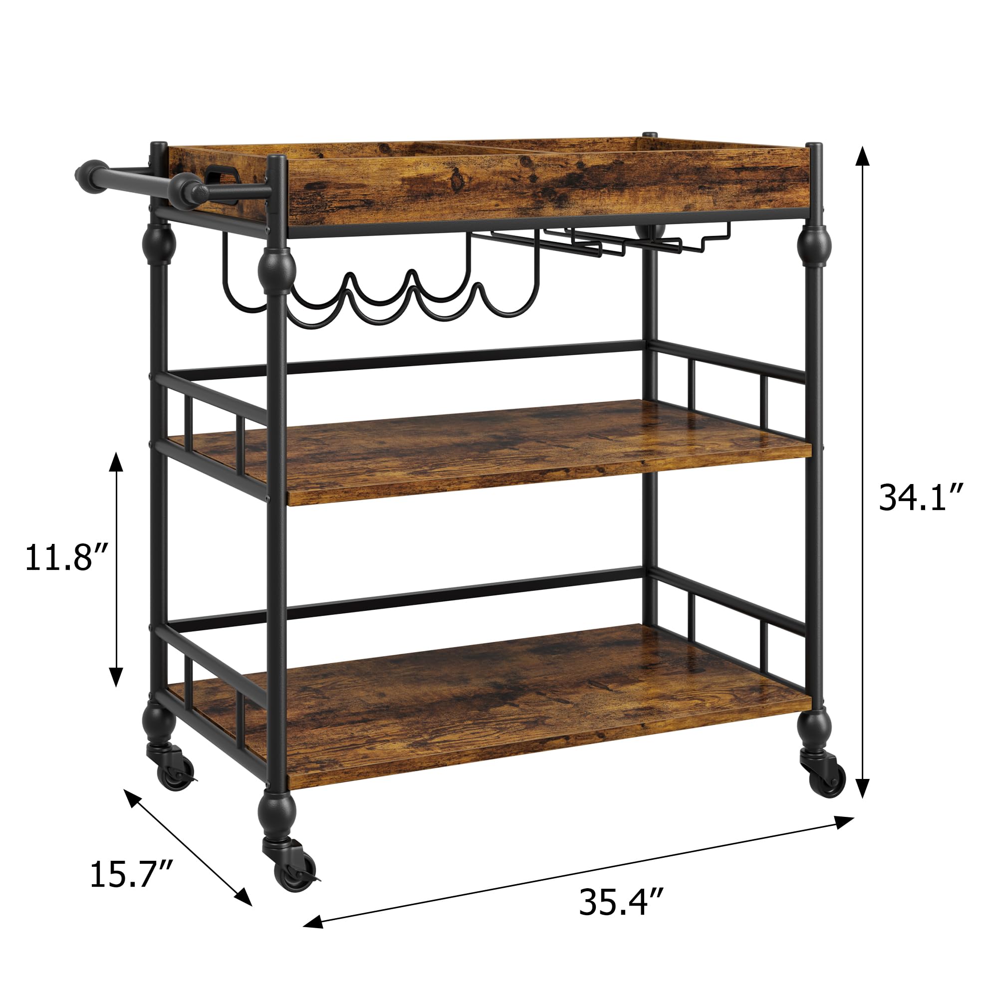 Garvee Carrito de Bar rodante de 3 Niveles – Estante móvil de Madera y Metal para Cocina, Sala o Comedor – con portabotellas y portavasos – Diseño Elegante y Funcional – 90x40x87 cm