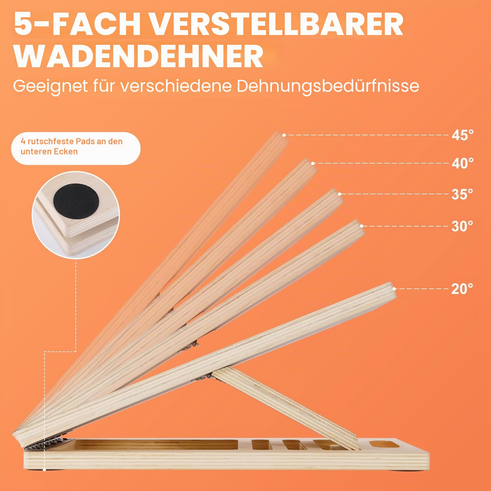 Verstellbares Schrägbrett aus Holz, Wadendehner faltbar mit Griff | 5 Winkel 20°–45°, Rutschfeste Oberfläche, Massivholz bis 250 lb, für Waden, Knöchel und Squat-Stretching