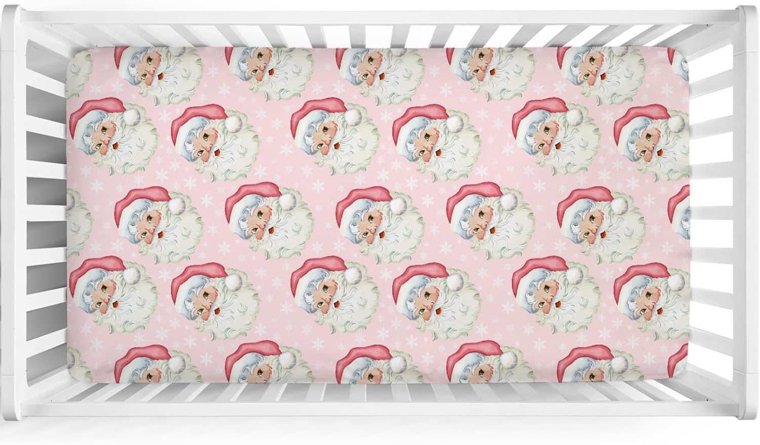 Merry Christmas Santa Claus Baby Crib Sheets 52''x28'' Winter Xmas Snowflakes Pink Stretchy Fitted Crib Mattress Sheet for Boy Girl Soft Nursery Bed Sheets for Standard Crib and Toddler Mattress