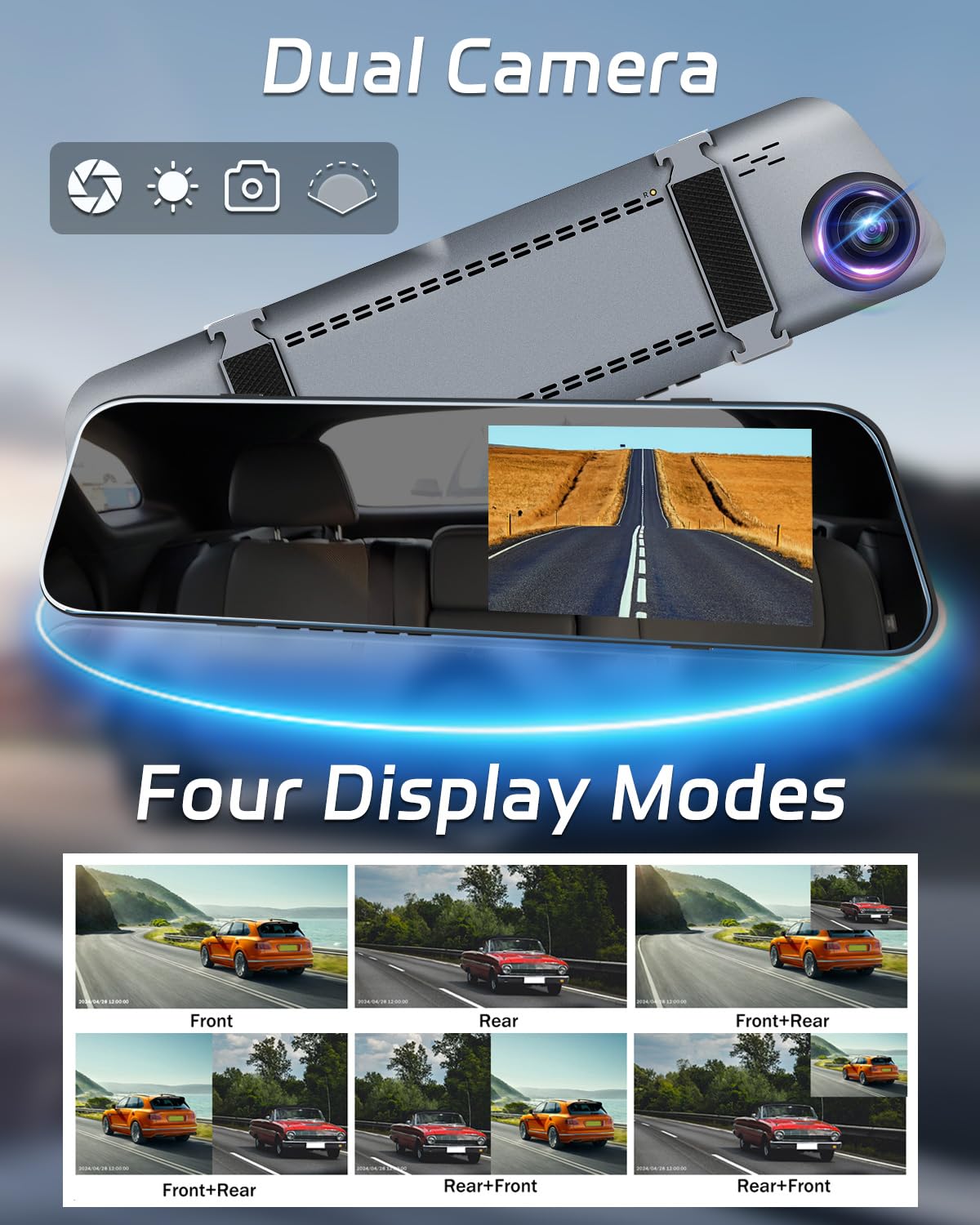 NHOPEEW Mirror Dash Cam 4,7 pollici 720P Doppia telecamera frontale e posteriore - Super visione notturna/Registrazione in loop/Compensazione dell'esposizione - Telecamera di backup per auto