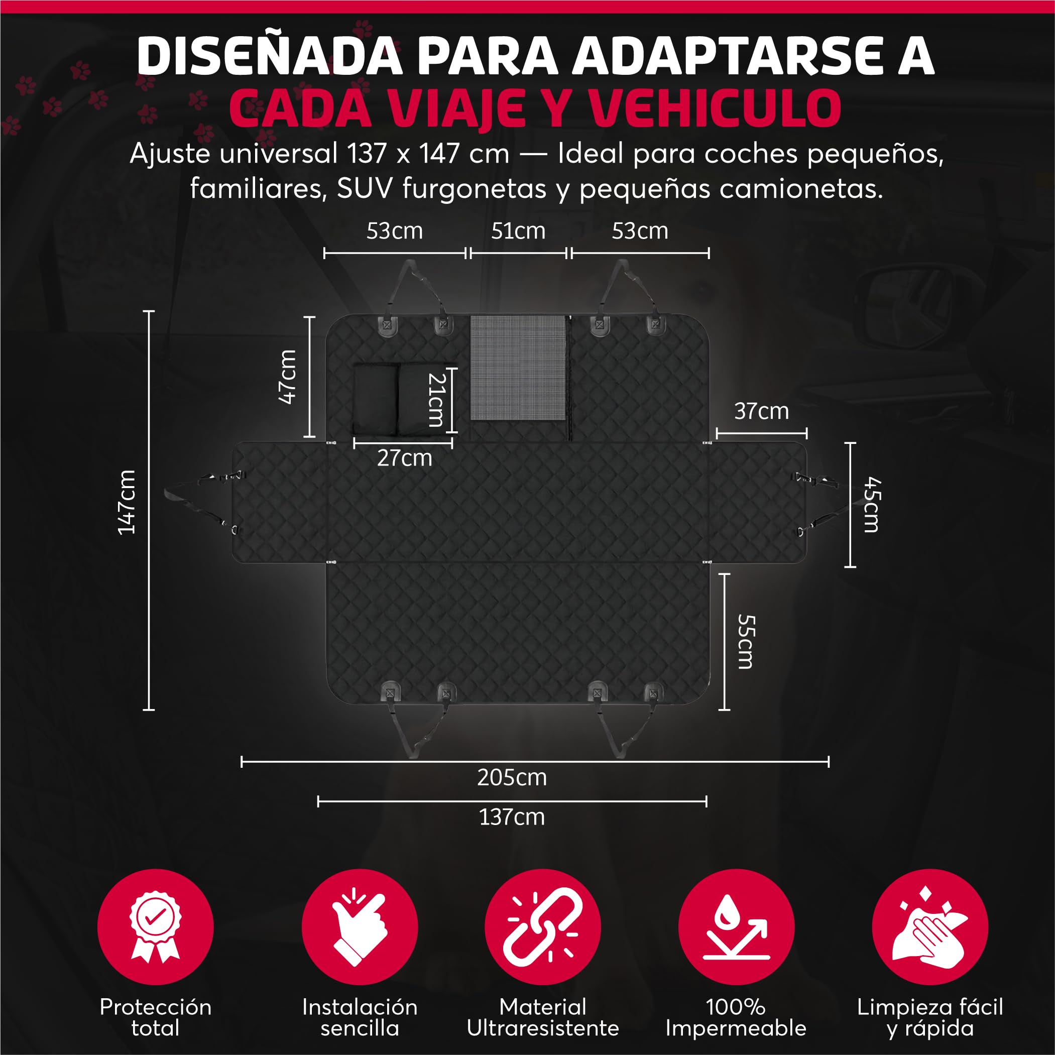 SweetSolutions© Funda Coche Perro | Protector Coche Perros Asiento Trasero | Impermeable y Resistente | Cubre Asientos Protector | Ventana de Malla Visible y Cremallera | Incluye Correa y Guante |