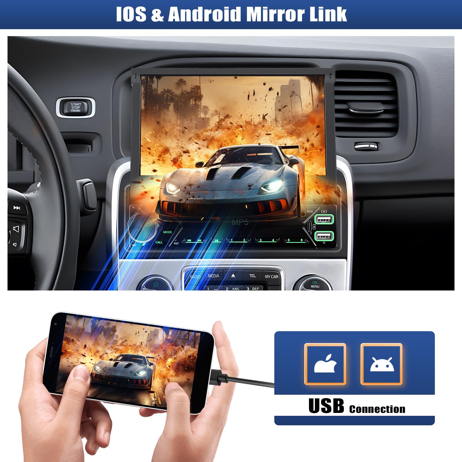 CAMECHO Autoradio 1 Din mit Bluetooth Radio Manuelle Ausfahrbarem Display mit Mirror Link FM/AM RDS Lenkradsteuerung USB/AUX +Rückfahrkamera