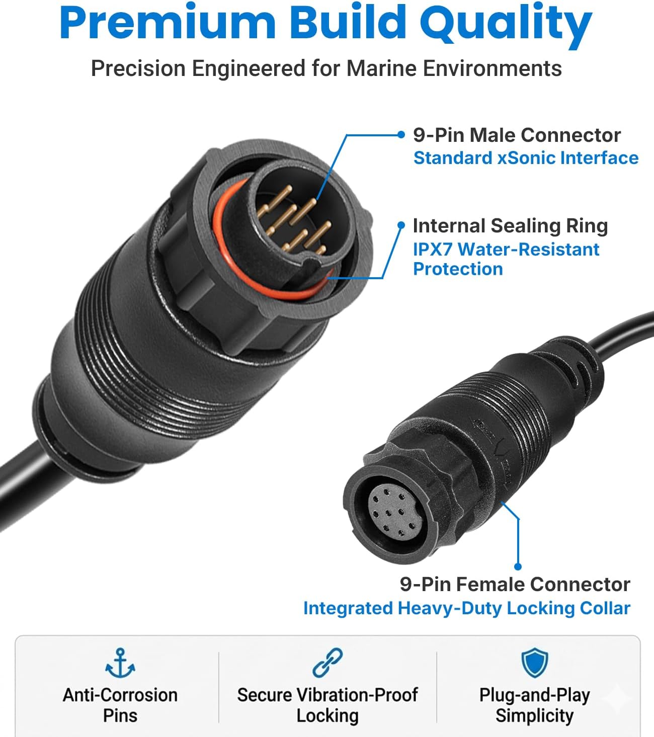 000-00099-006 Extension Cable 9-Pin 10ft for Lowrance Simrad B&G, Replacement for 3005.6907 10Ex-blk, Fits StructureScan LSS-1 LSS-2, Active Imaging 3-in-1, TotalScan, xSonic HDI Transducers