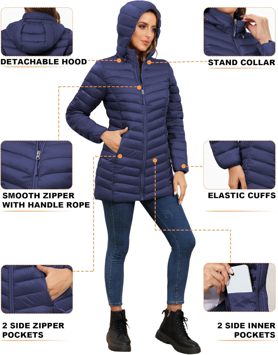 ROYAL MATRIX Women's Packable Puffer Jacket - Lightweight Winter Warm Long Quilted Puffer Coat with Detachable Hood - Image 5