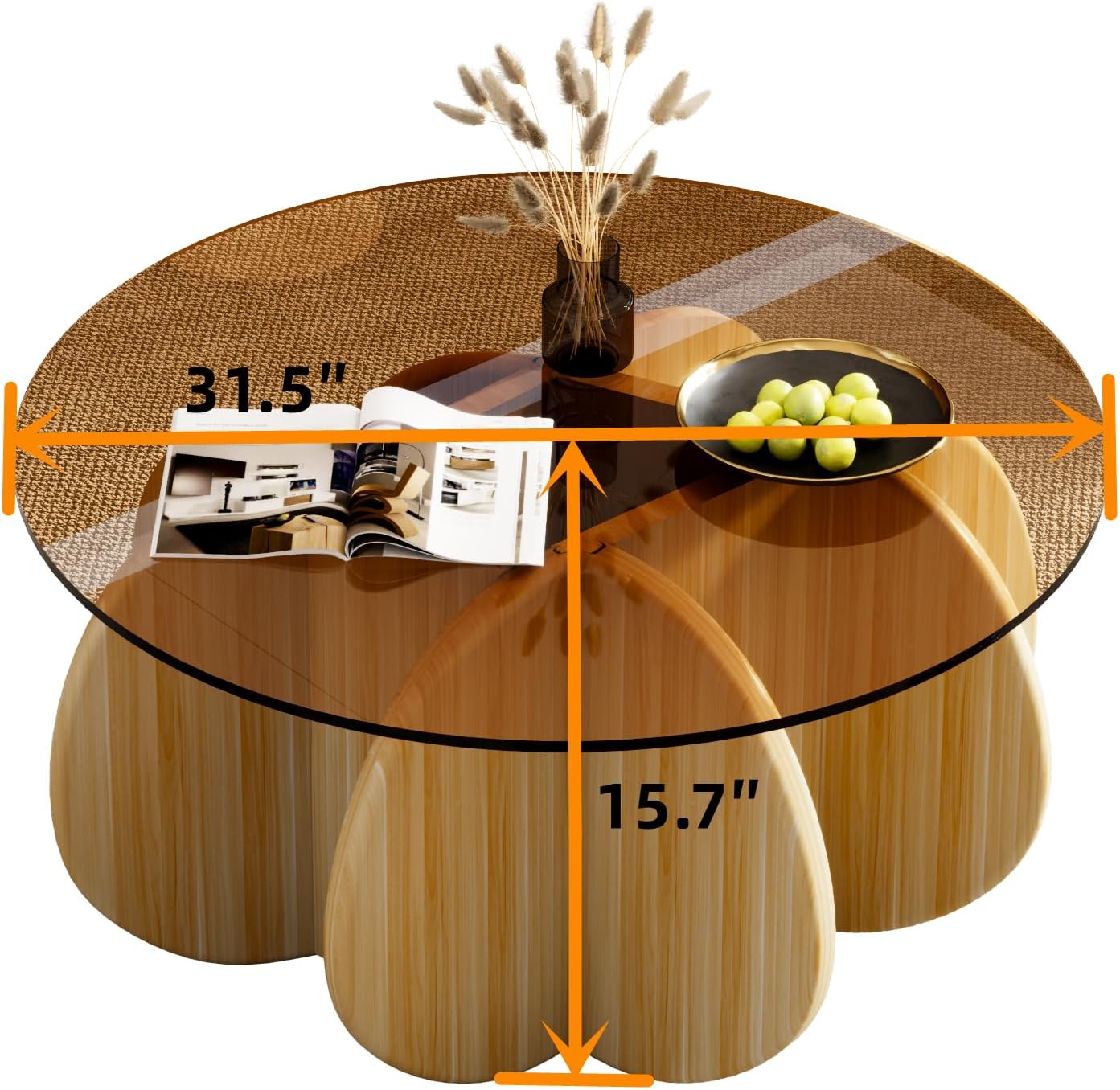 31.5'' Round Coffee Table with Tempered Glass Top, Modern Center Table for Small Spaces - Sturdy Walnut Board Frame, Simple Design for Living Room, Home, Office - Easy Assembly. (Walnut + Brown)