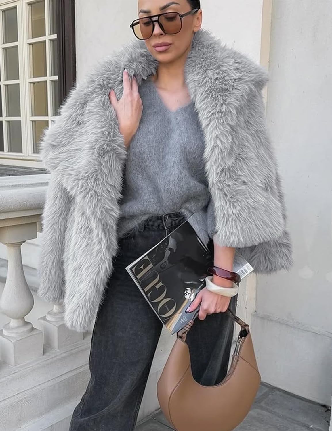 Flygo Women's Faux Fur Coat Fluffy Faux Fur Jacket Long Sleeve Lapel Furry Winter Jackets Shaggy Parka Short Coat - Image 3