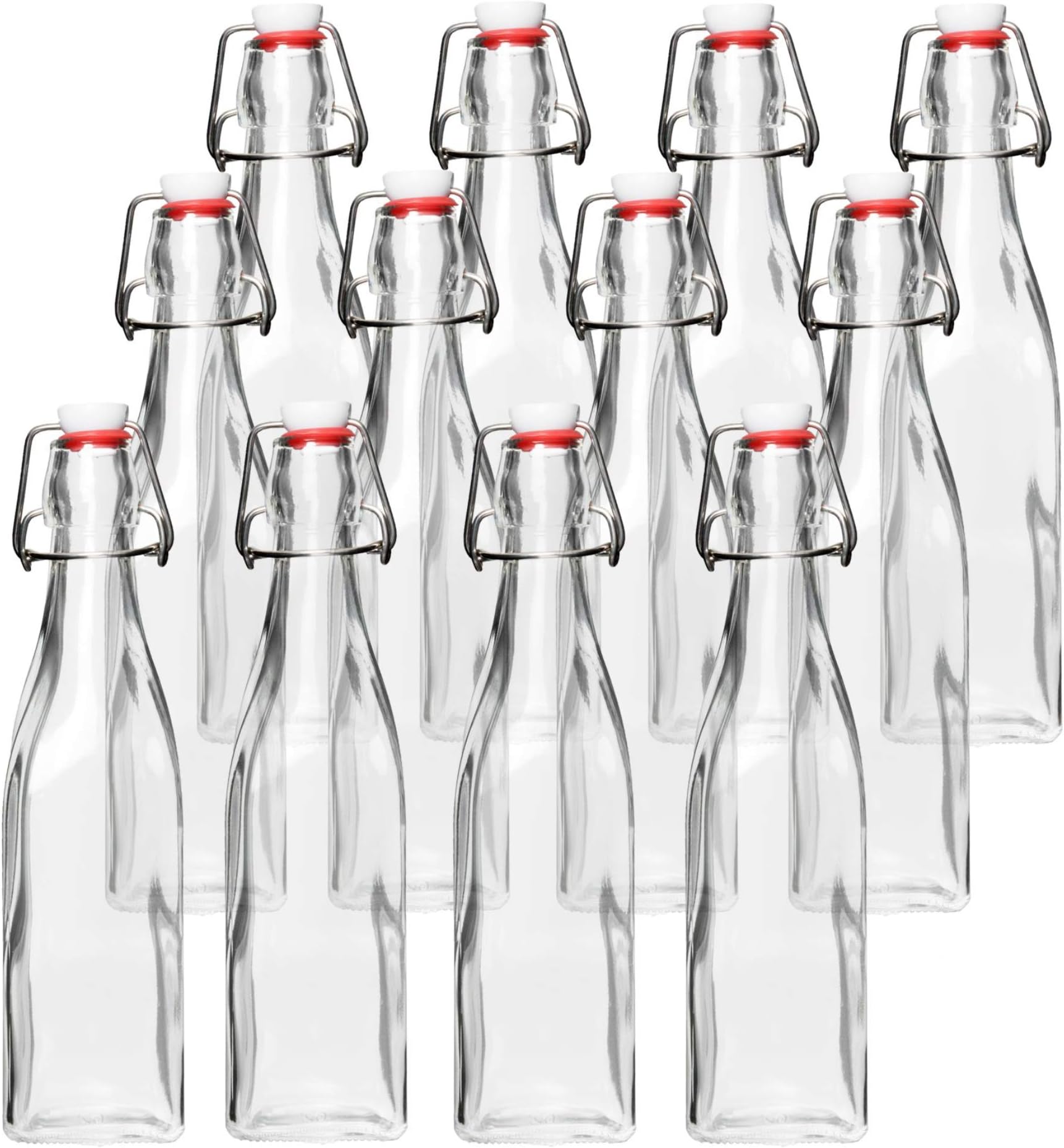 Barcaloo8.5 Ounce Clear Flip Top Glass Bottle for Home Brewing - Swing Top Glass Bottles for Beer, Kombucha, Soda, Juice, Fermentation, Square 12 Pack with Stopper and Funnel