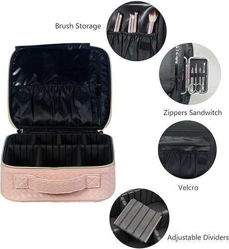 Miniatura 3 de Bolsa de maquillaje Bolsa de cosméticos Bolsa de maquillaje de viaje con divisores ajustables, portátil, de piel sintética, impermeable, bolsa de