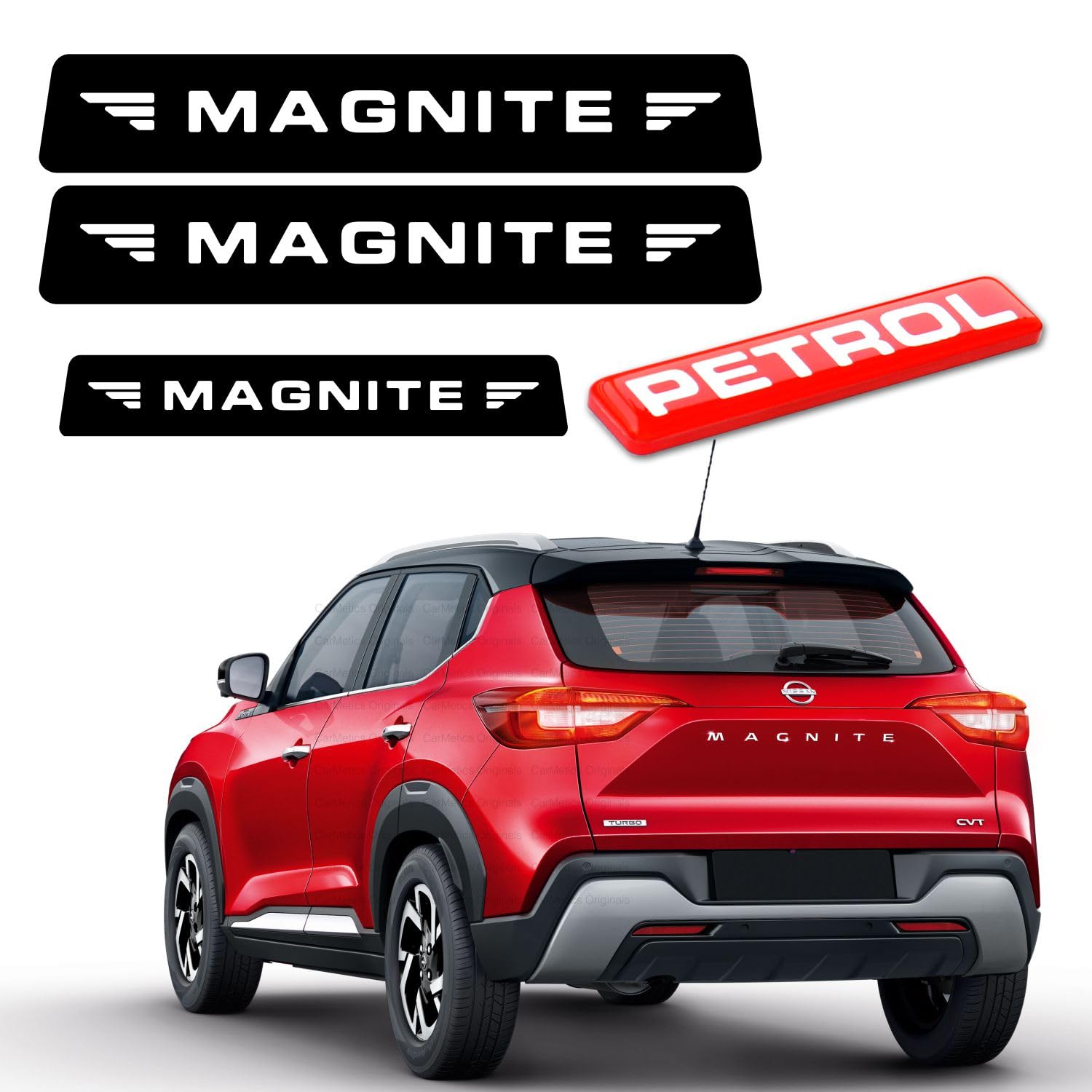 CARMETICS Magnite Anti Scratch Self-Adhesive Stickers (Stickers Vinyl Decals Exterior Accessories For Nissan Magnite Car Accessories) ? Mat Black + White + Red 3D Petrol Emblem