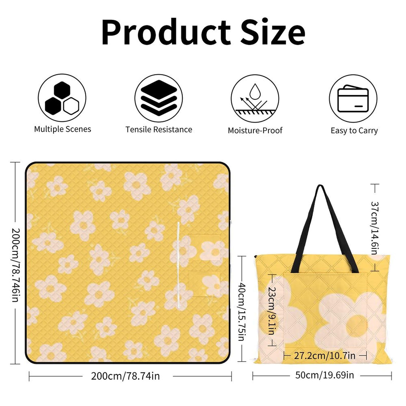 3D Stampa Amorely Yellow And White Fiori Coperta Picnic Impermeabile Stuoia Spiaggia Pieghevole Coperta Da Picnic Per Pic-nic, Spiaggia, Campeggio, Parco, Giardino, Estate 200x200cm