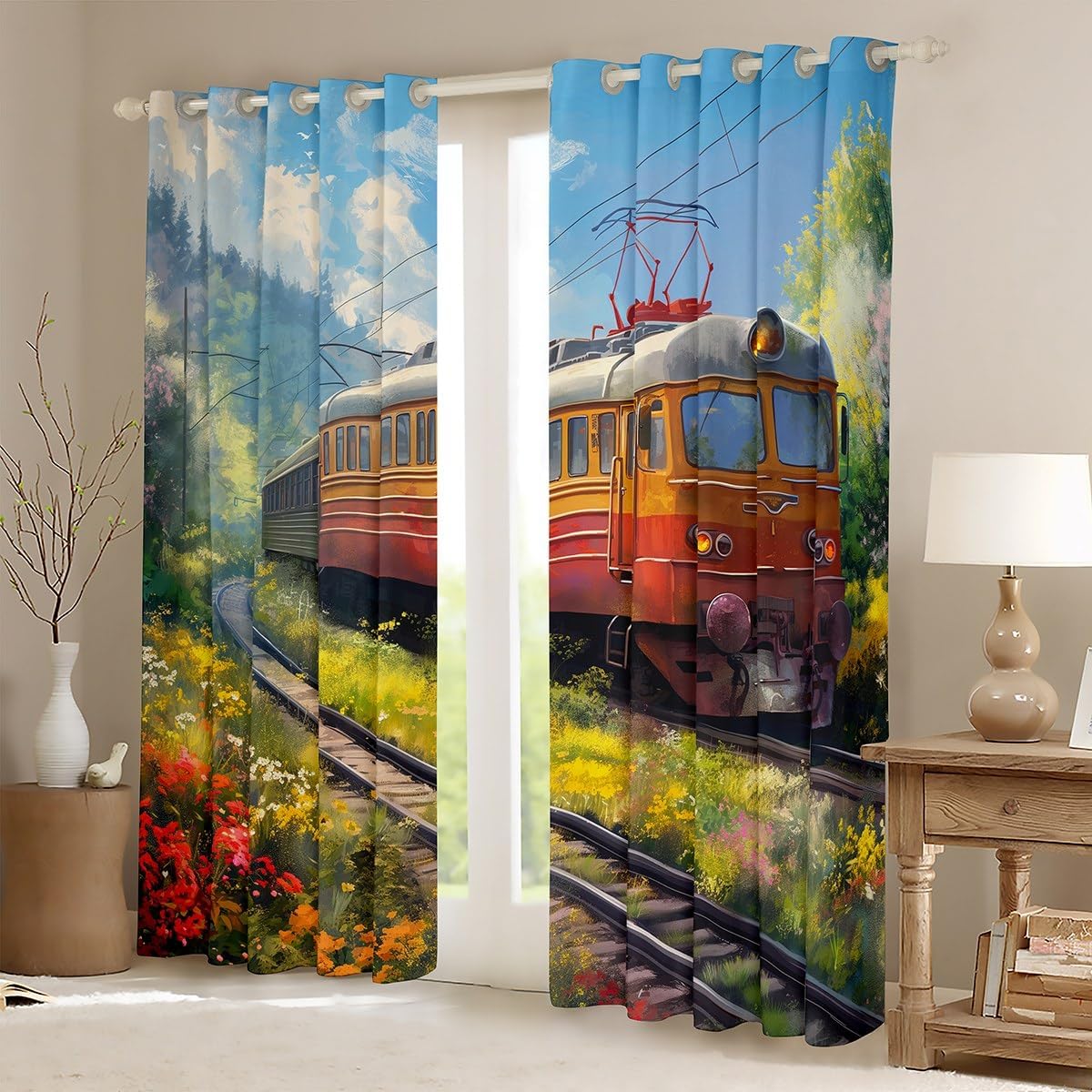 Erosebridal Watercolor Train Curtains Steam Engine Blackout Curtains 84x90 Oil Painting Living Room Curtains Rainbow Botanical Floral Window Curtains Hand Drawn Car Theme Room Décor for Kids Boys