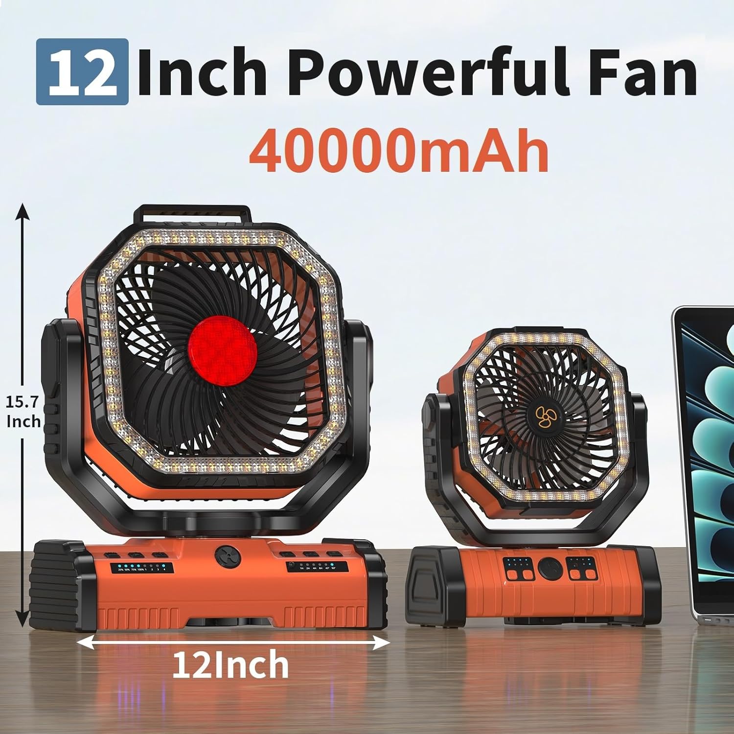 12 Inch Portable Camping Fan, 40000mAh Rechargeable Battery Powered Fan with 4 Speeds Wind and LED Light 140H, Cool & Warm Light and SOS Mode, Auto Oscillating, 360° Rotating Hang Hook(Orange) - Image 2