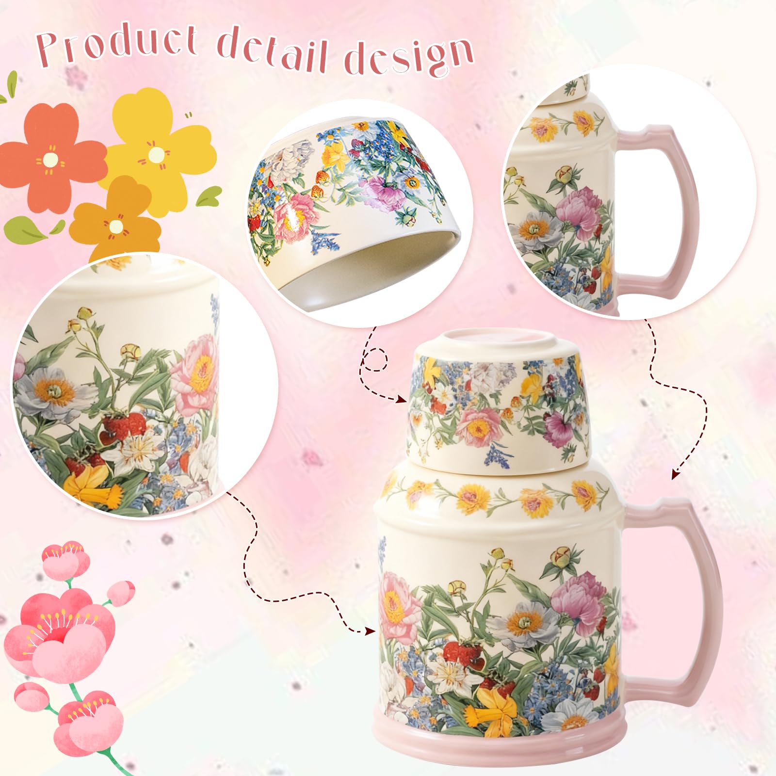 OHAANYY Teiera Vintage in Porcellana 650 ml, Set da Tè 2 in 1 con Tazza (Coperchio Rimovibile), Servizio da Tè Singolo per Casa e Ufficio, Idea Regalo (Fiori Freschi)