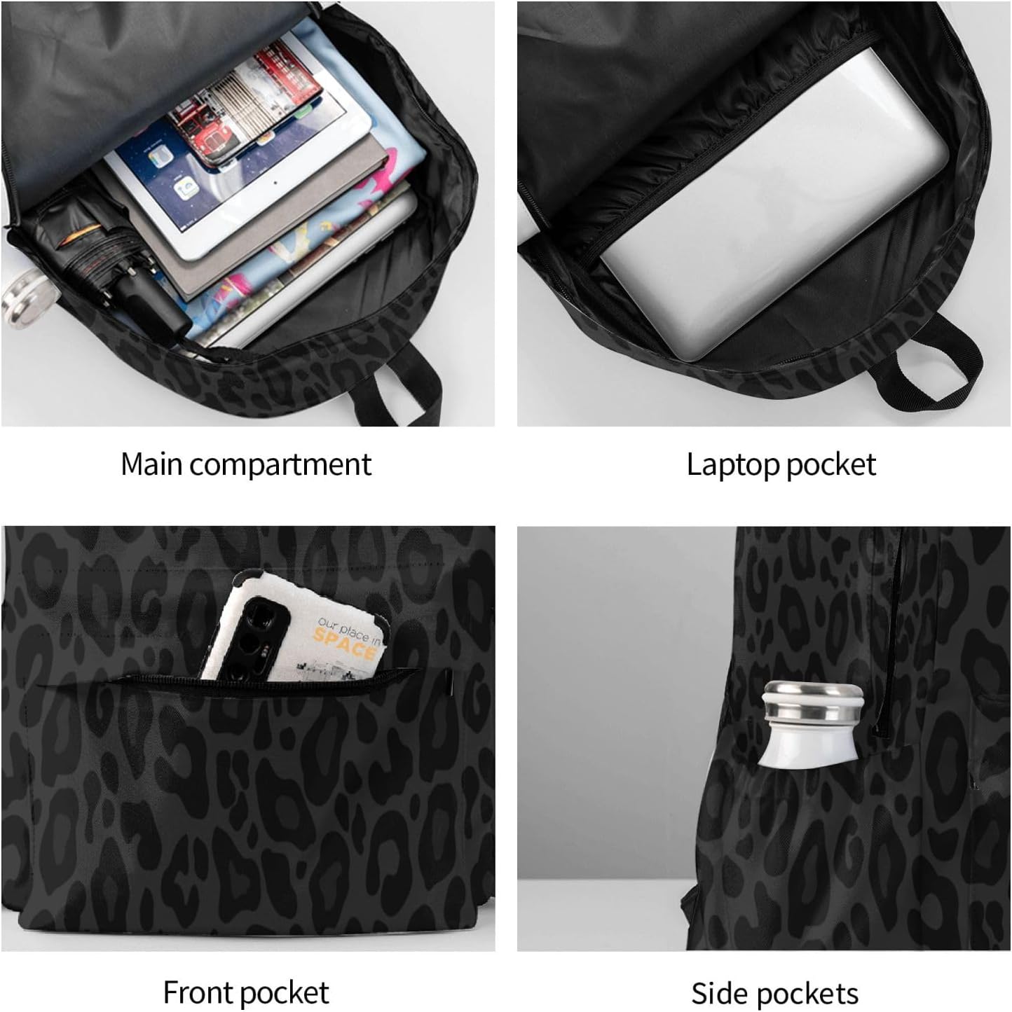 Leopard Black Texture Laptop Backpack For Men Women, Lightweight Daypack Bookbag For Daily Commutes Business Travel Hiking