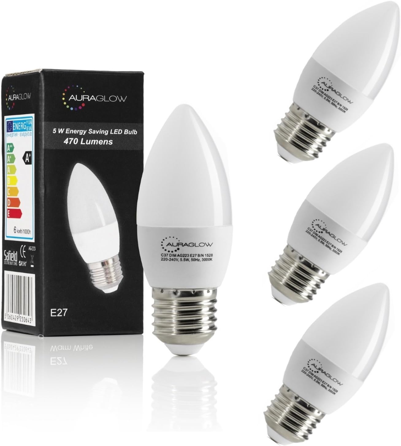 Auraglow5w LED E27 Candle Light Bulb, Cool White, 6000K, 470 Lumens - 40w EQV - 4 Pack
