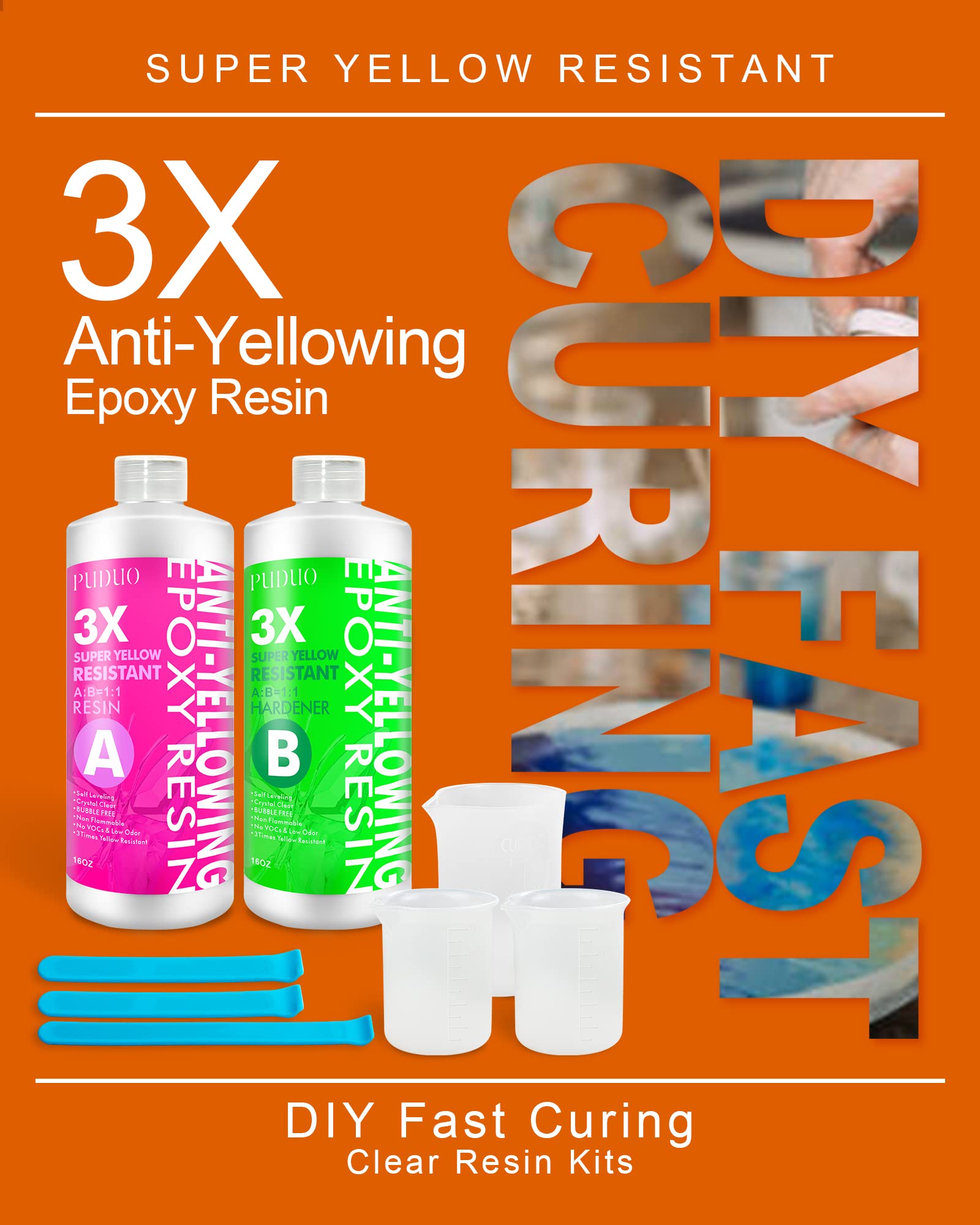 Puduo Kit de Resina epoxi 32OZ, Resina epoxi Transparente súper antiamarillenta para Arte, fabricación de Joyas, fundición, moldes de Silicona 32OZ Súper Anti-Amarillo