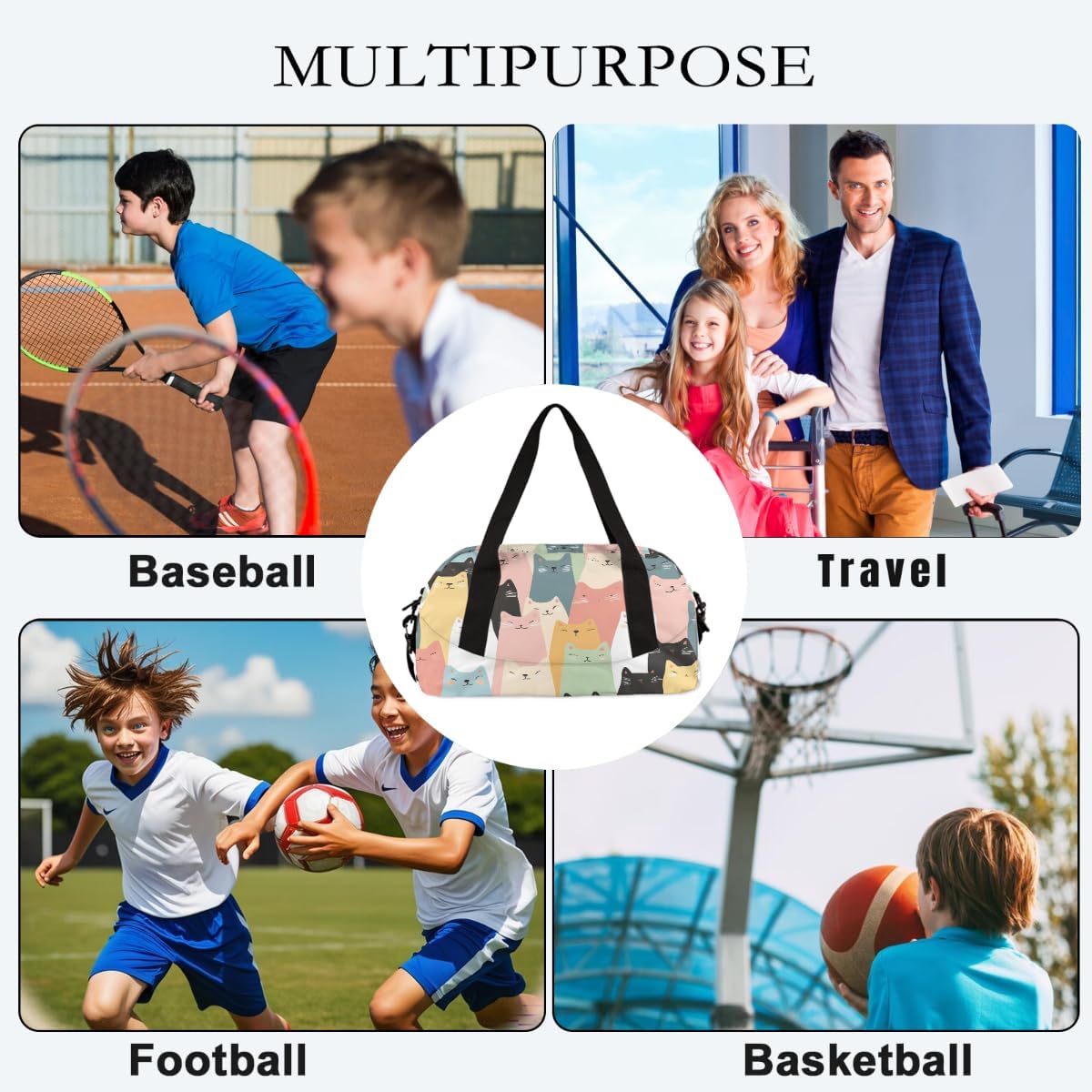 Cartoon Cat Kids Duffle Bag Girls Dance Bag Lightweight Water Resistant Foldable Sports Gym Bag Travel Weekender Overnight Sleepover Carryon Travel Bag for Teen Girls School Practice Gymnastic Ballet