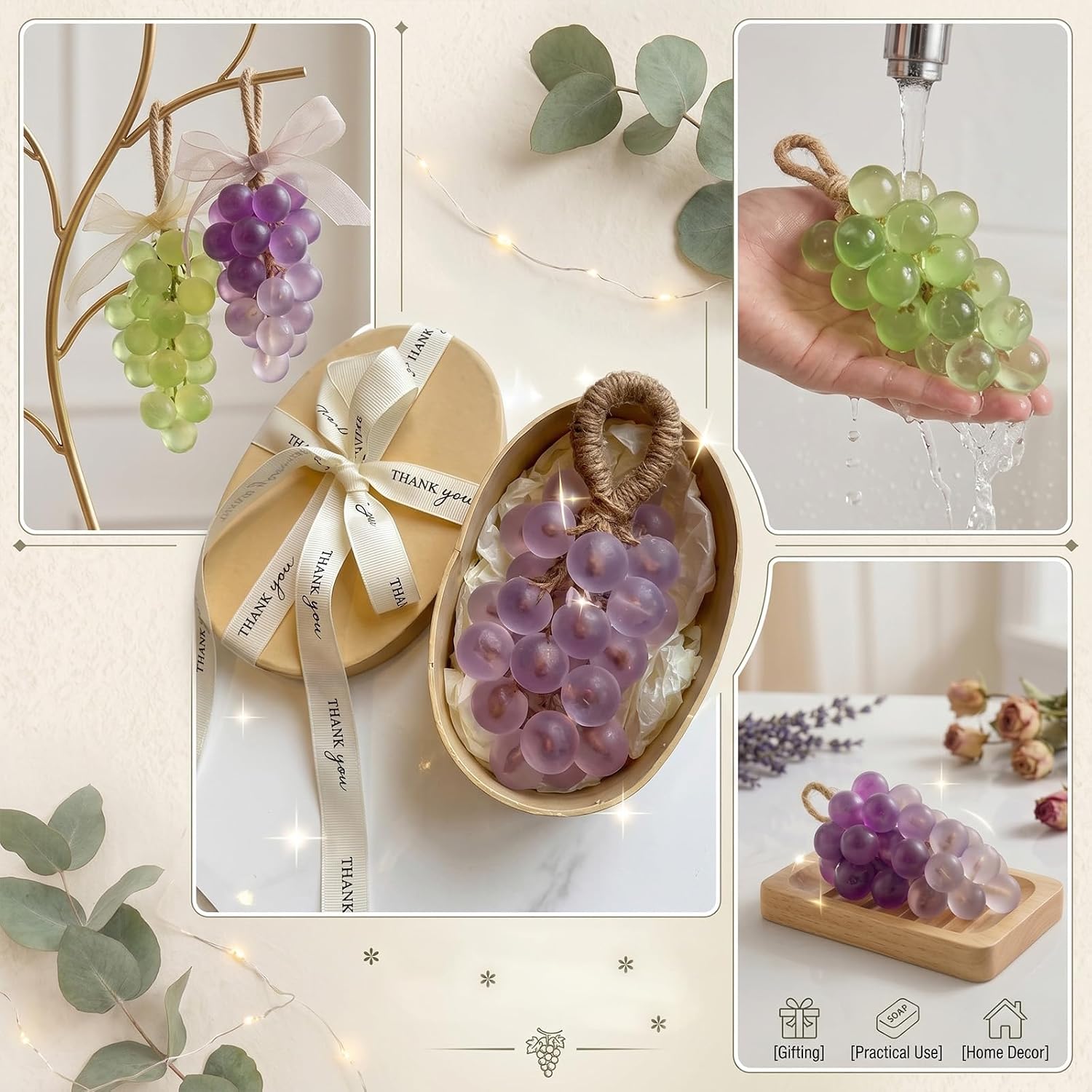 DIY Grape Soap Making Kit, 3D Silicone Mold with Jute Twine | Easy-release grape cluster mold for handmade soap, resin, candle crafts, DIY gifts and home decor.