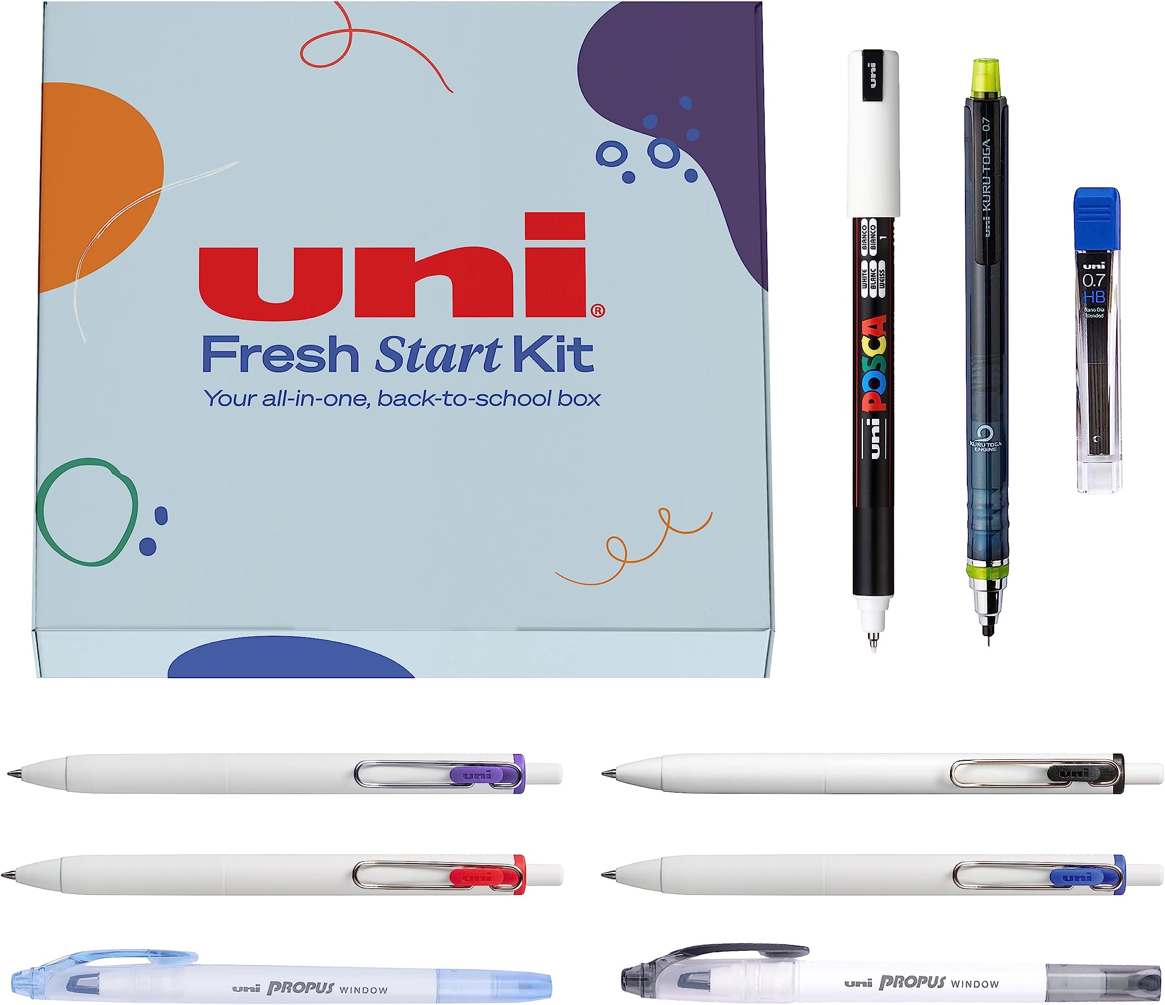 Uniball & Posca Fresh Start Kit | Back to School Supplies | Gel Pens, Clear Window Highlighters, Posca Markers, & Kuru Toga Mechanical Pencil | Elevate your Writing Experience with Uni