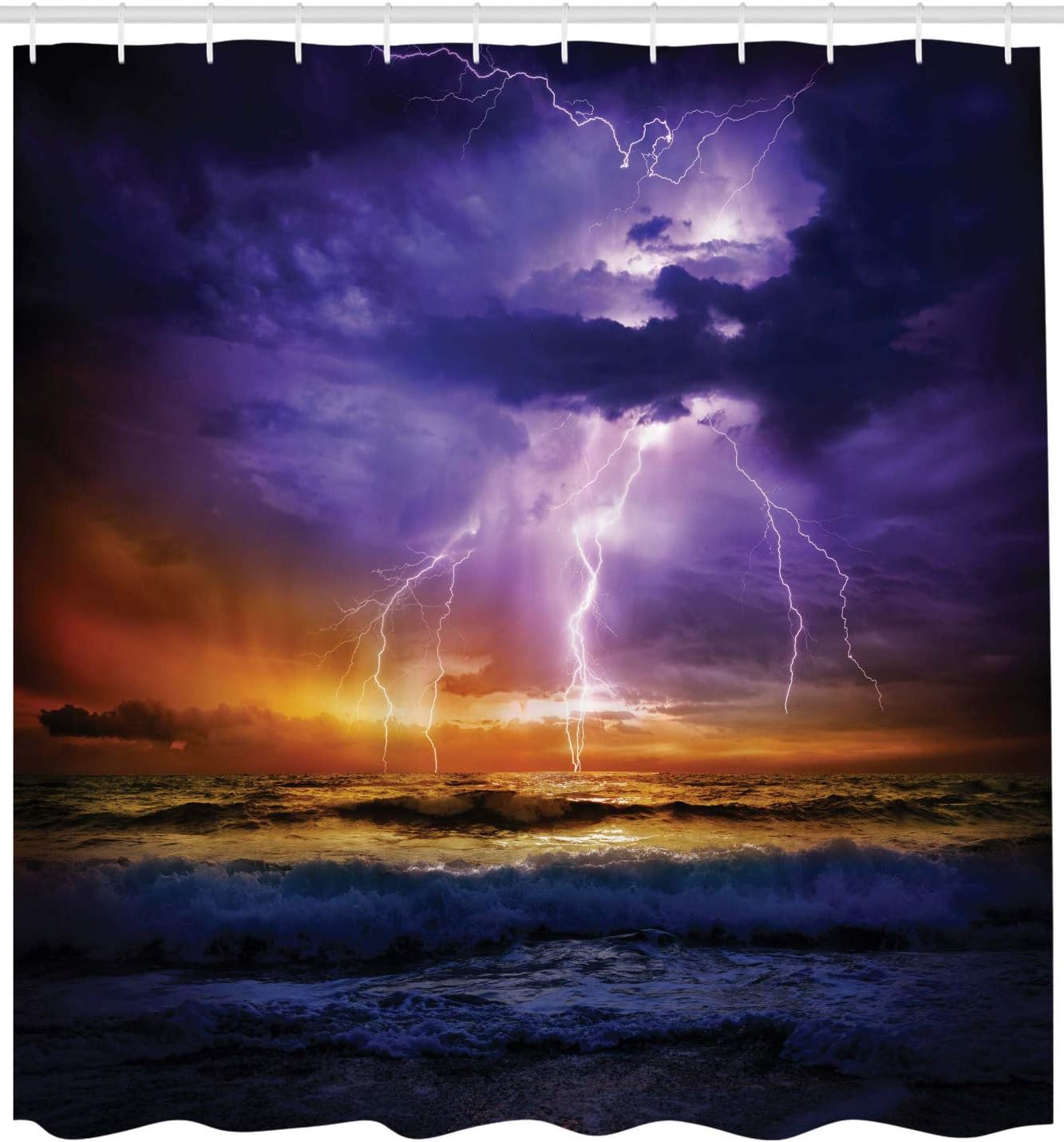 Ambesonne Nature Shower Curtain, Epic Thunder and The Storm on The Sea Wave Horizon Bad Weather Atmosphere, Cloth Fabric Bathroom Decor Set with Hooks, 69" W x 70" L, Purple and Orange