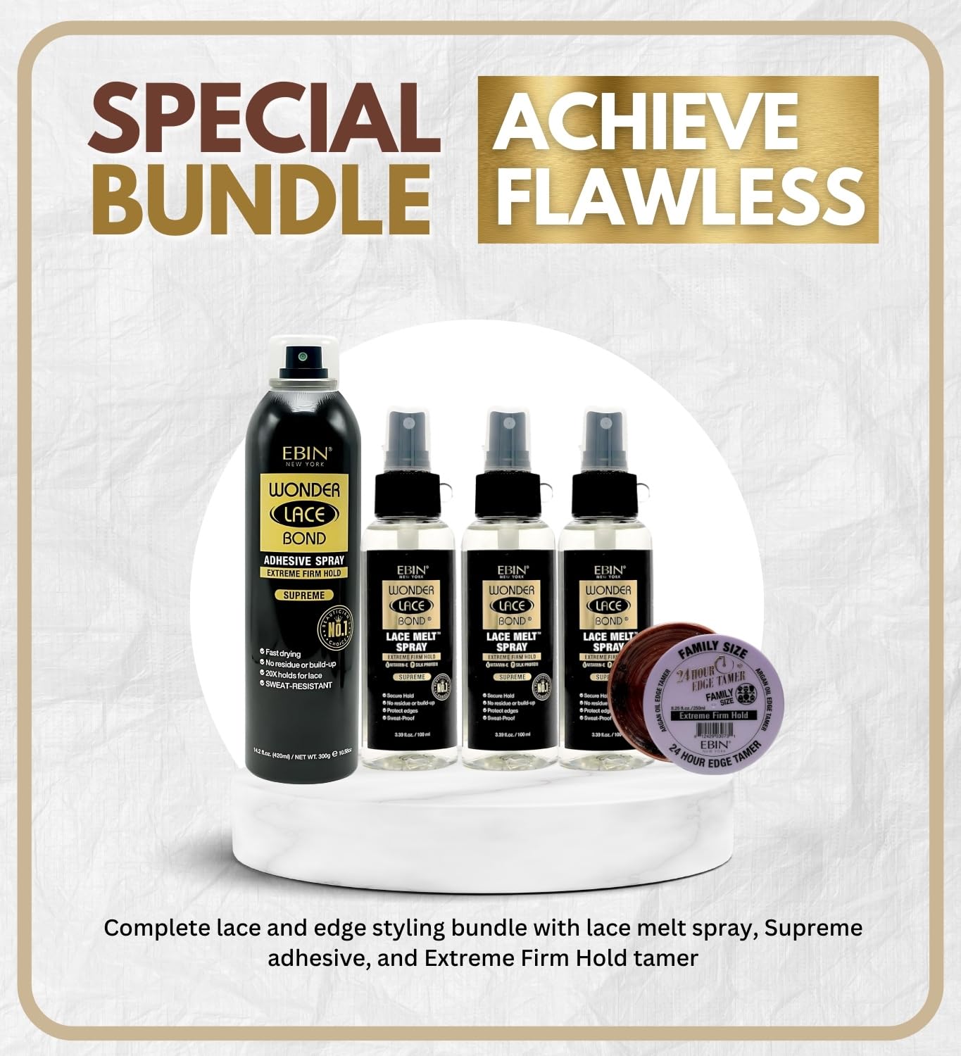Lace Glue – 3X Wonder Lace Bond Melt Spray (Mini) 100 ml - Supreme & 1x Wig Adhesive Spray 420 ml Bundle with 24 Hour Edge Tamer - Extreme Firm Hold 8.25 oz by EBIN NEW YORK – Gift Set (5 Items)
