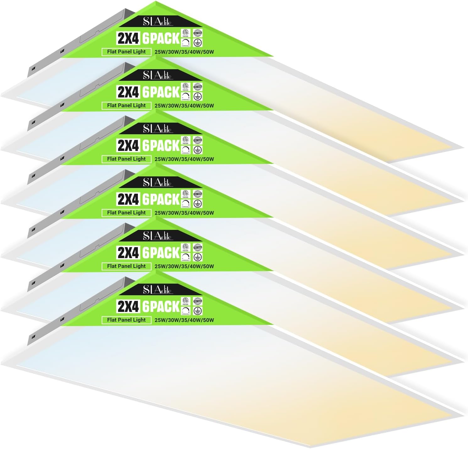 6 Pack 2x4 LED Flat Panel Light 50/40/35/30/25W 6500lm Adjustable, 0-10V Dimmable LED Flush Mount Ceiling Light Fixtures, 2.7K/3K/3.5K/4K/5K Selectable for Office Kitchen Garage - ETL Listed