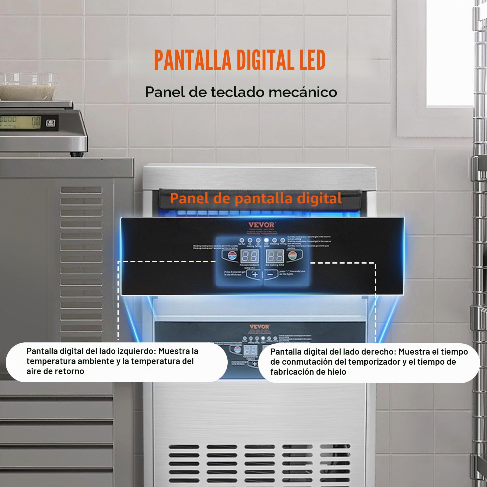 VEVOR Máquina para Hacer Cubitos de Hielo Comercial 56 kg/24h, 60 Bandejas para Cubitos de Hielo Capacidad de Almacenamiento de 15 kg Autolimpieza Sin Instalación Independiente para Hogar, Restaurante
