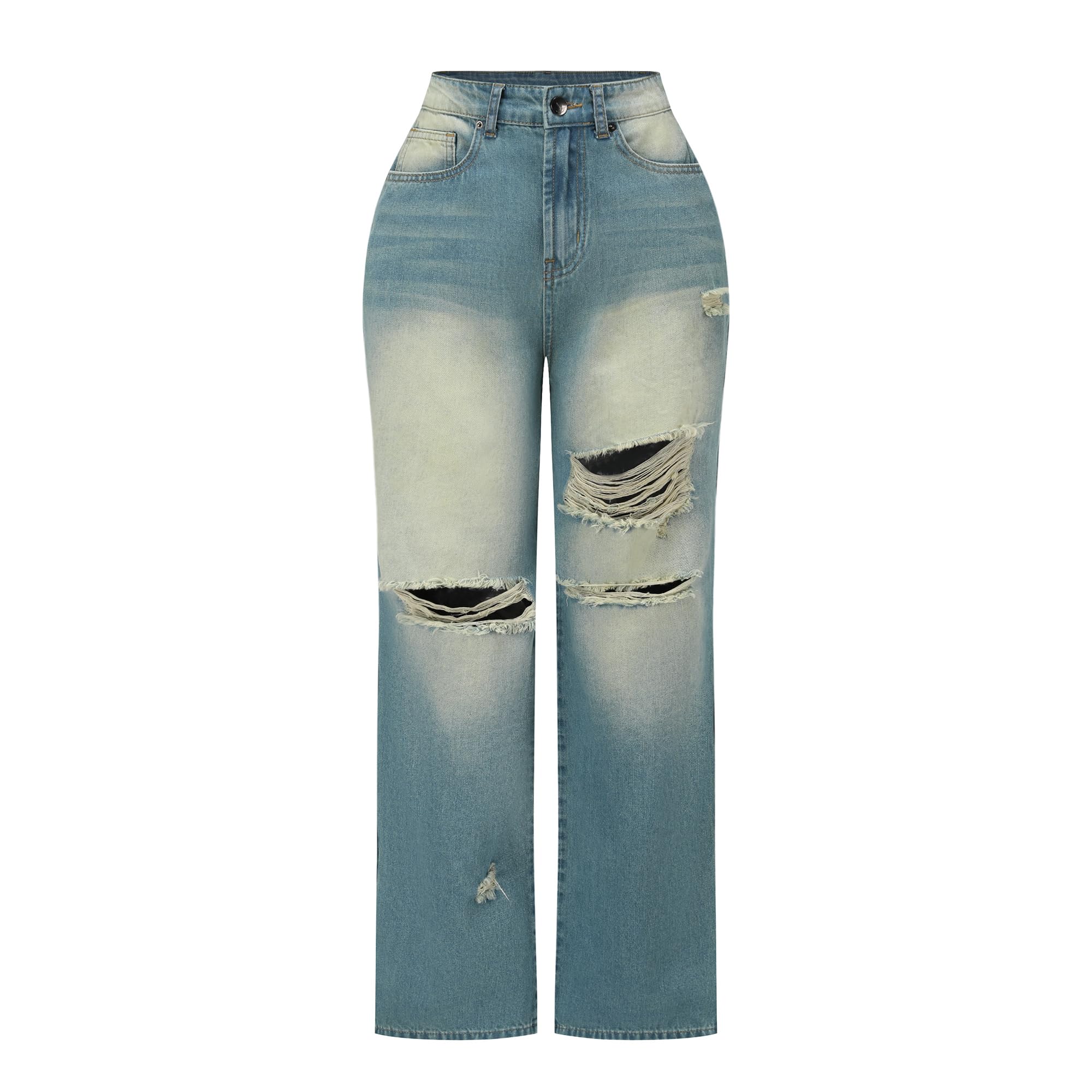 - Womens High Waisted Wide Leg Jeans Stretchy Distressed Denim Pants