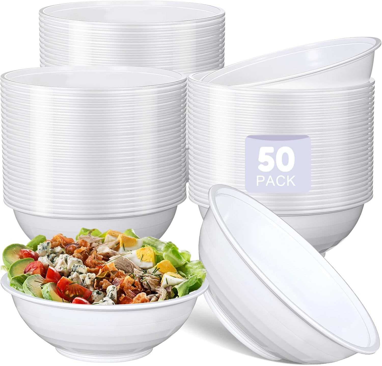 50 Pack 48 oz White Disposable Plastic Bowls Large Disposable Party Bowls Salad Container for Chips, Popcorn, Snacks, Mints, Salad Bar, Snack Weddings Catering and Birthday Party